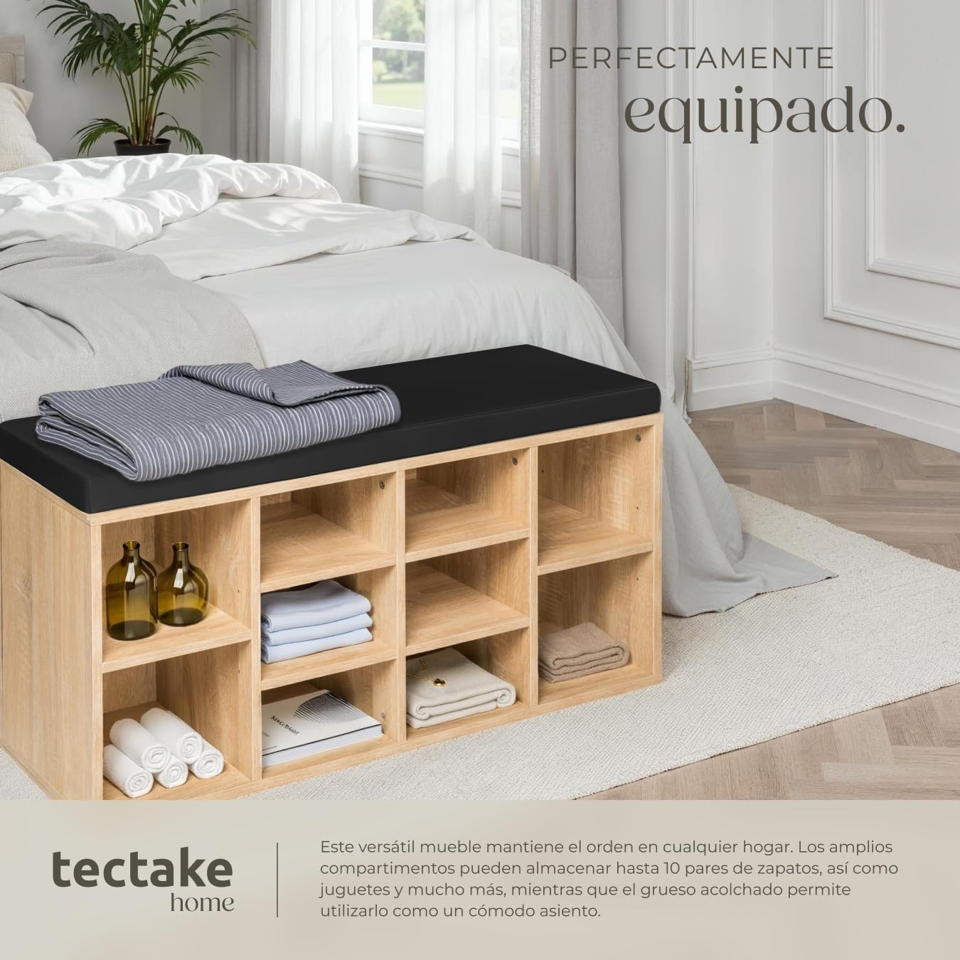 tectake® Zapatero Madera con cojín extraíble, estanteria Zapatero Ajustable, Mueble Entrada recibidor, Organizador Zapatos, Banco Madera para Guardar Zapatos - Negro/Roble Claro