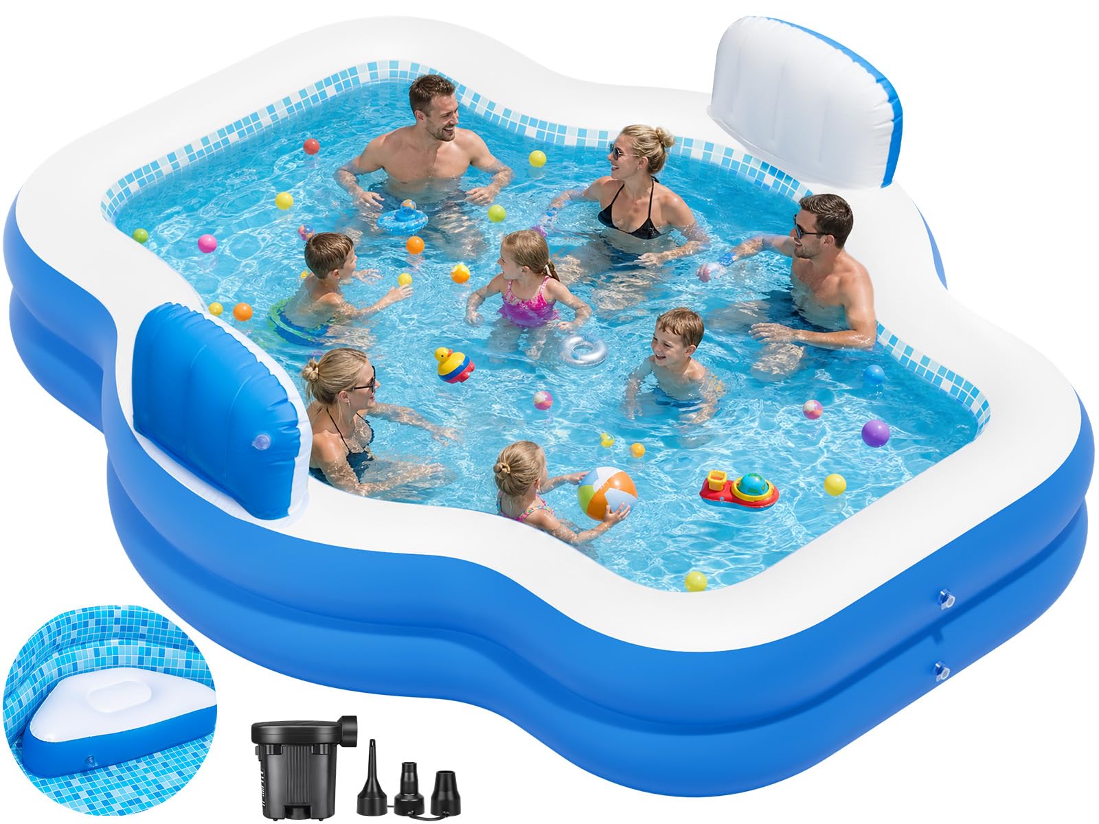 Extra großer aufblasbarer Pool mit Pumpe, 307,3 x 228,6 x 55,9 cm, großer aufblasbarer Pool mit Sitzen für Erwachsene, Familien-aufblasbarer Swimmingpool für Sommer, Wasserparty, Hinterhof