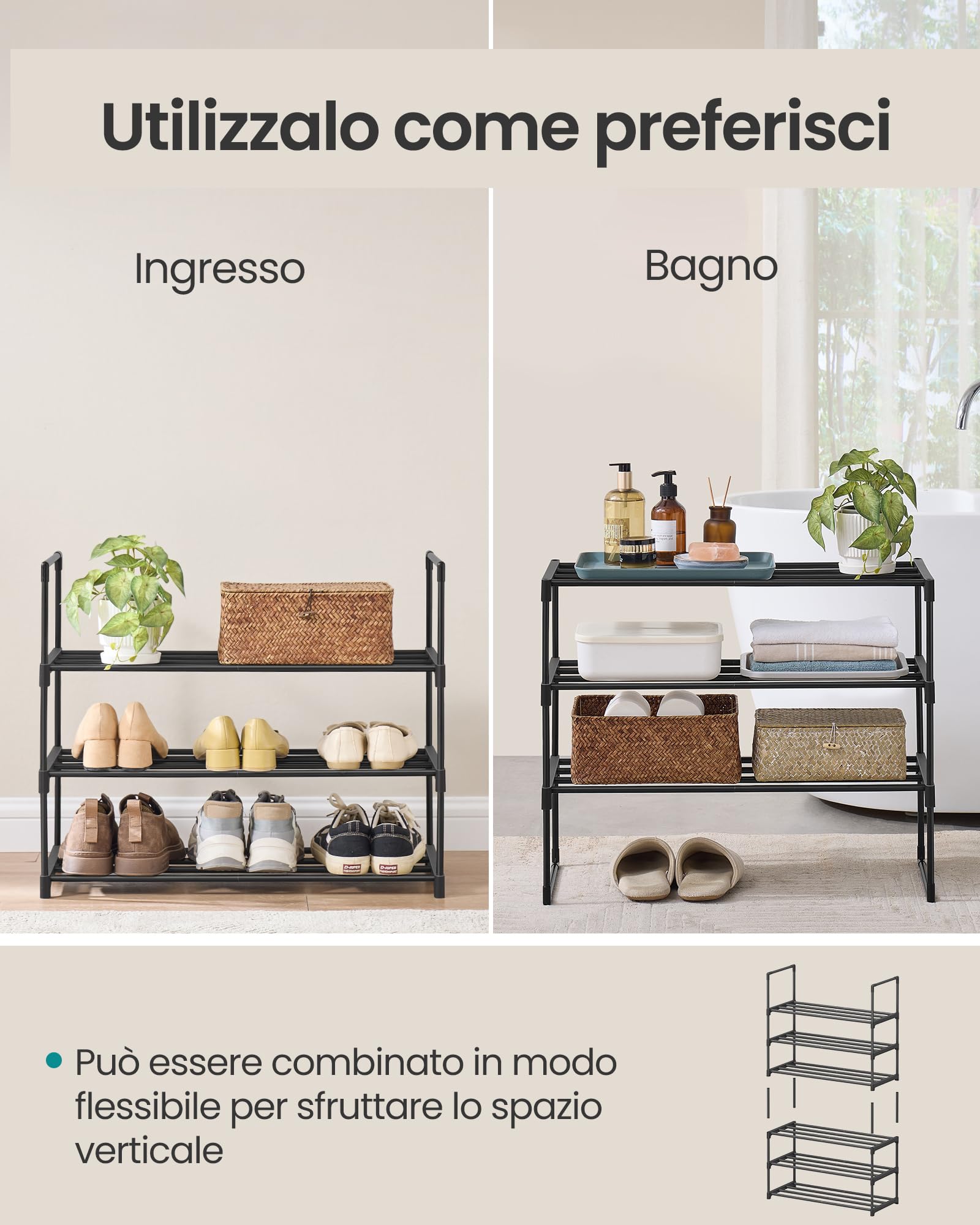 SONGMICS Scarpiera a 3 Ripiani, Scaffale Portascarpe, Organizzatore in Metallo, per 6-9 Paia di Scarpe, Impilabile, Corridoio, Soggiorno, Camera da Letto, 30 x 68 x 55 cm, Nero LSA203B01