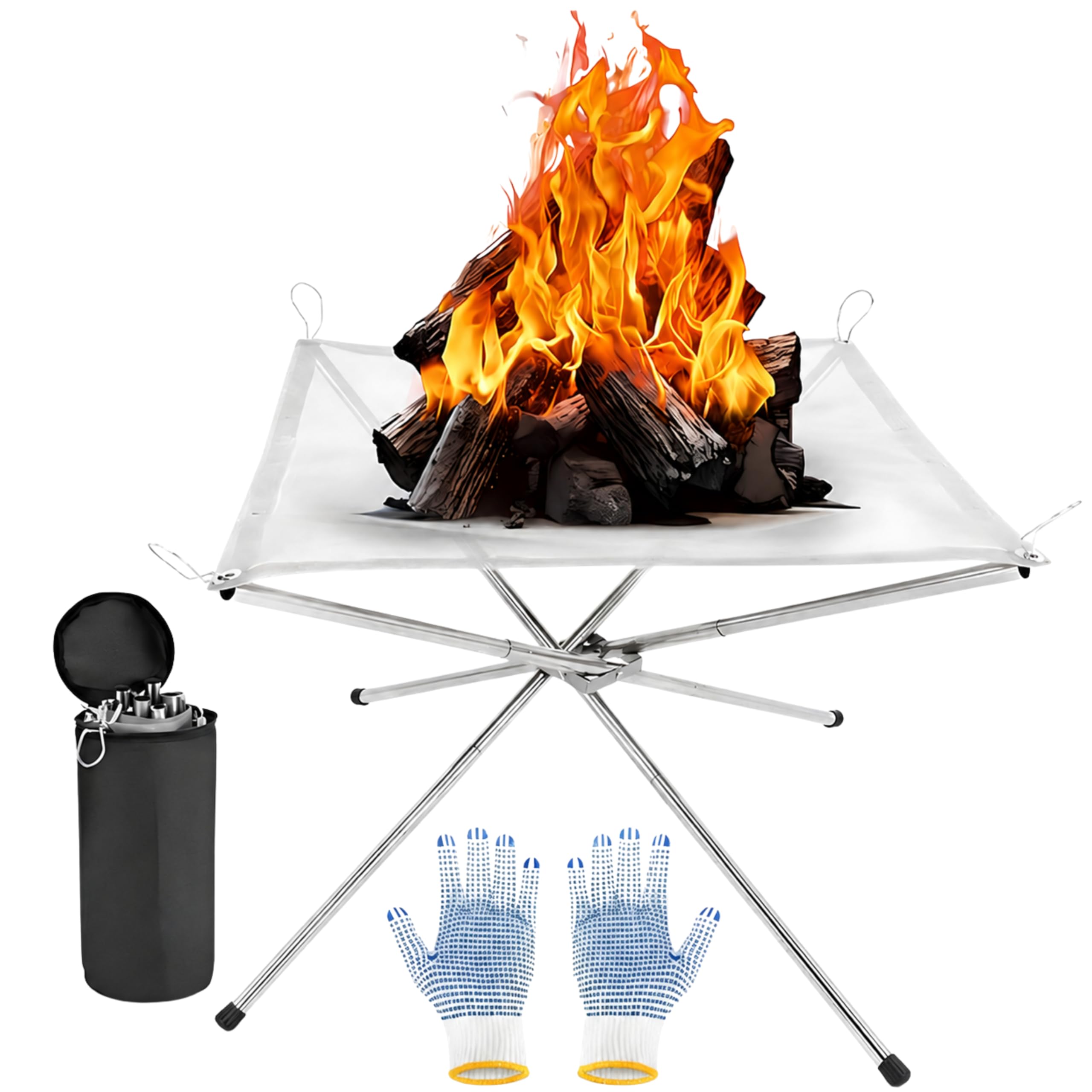 Shatchi 42CM Portable Fire Pit - Foldable Stainless Steel Mesh - Outdoor Camping BBQ - Silver