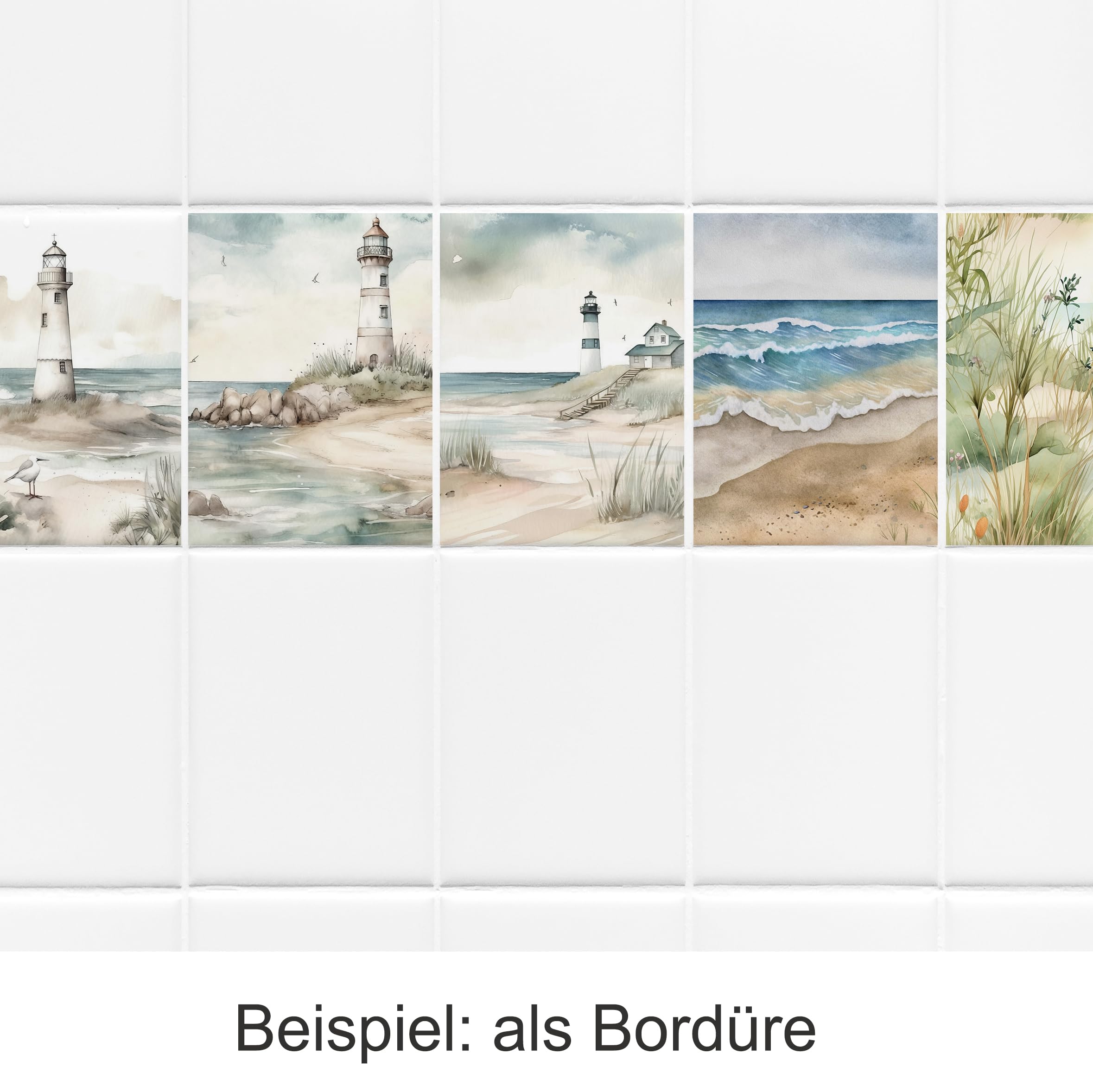 GRAZDesign Fliesenaufkleber Bad & Küche, maritim Strand mit Möwen Watercolor, Klebefliesen selbstklebend - 20x25cm / 30 Stück