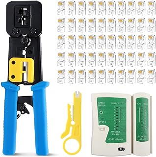 Delgada RJ45 Crimp Tool kit Pass Through,Delgada Cat5 Cat5e Cat6 Crimping Tool for RJ45/RJ12 Regular and End-Pass-Through connectors,with Cable Tester and Network Wire Stripper,50 pcs Cat6