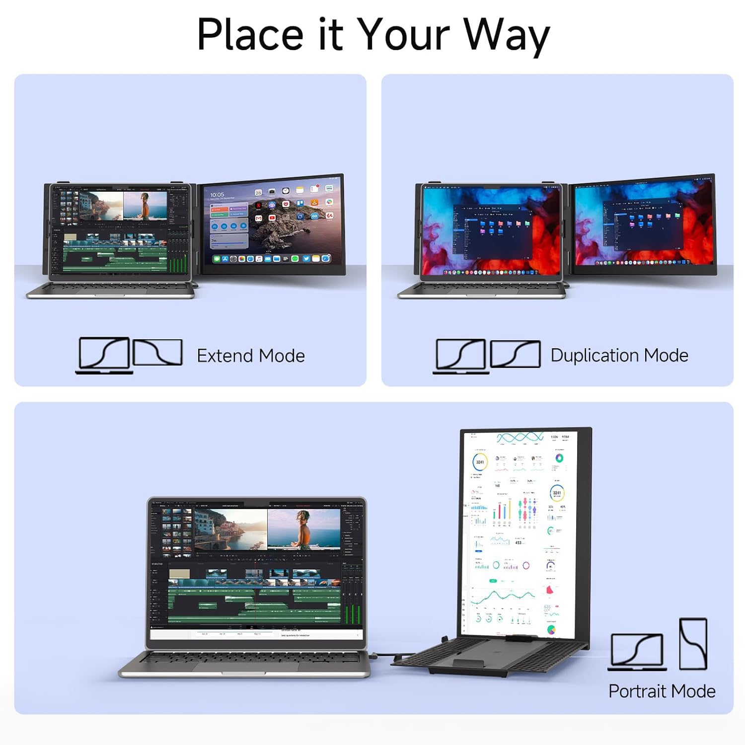 ROYY Laptop Bildschirm Erweiterung, 14" Ultradünn 1080P FHD Tragbarer Monitor für Laptops mit HDMI/USB-A/Type-C, Plug & Play für Windows/Mac/Android/Chrome