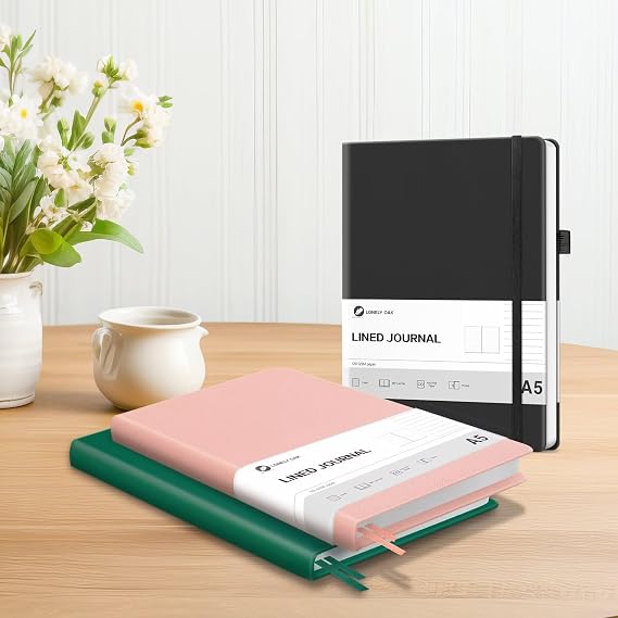 Lonely Oak Lined Journal Notebook, A5 Hardcover Lined Notebook for Women & Men, 120GSM Acid-Free Paper with Leather Hardcover and Inner Pocket, Daily Diary Journal for Work(Black)