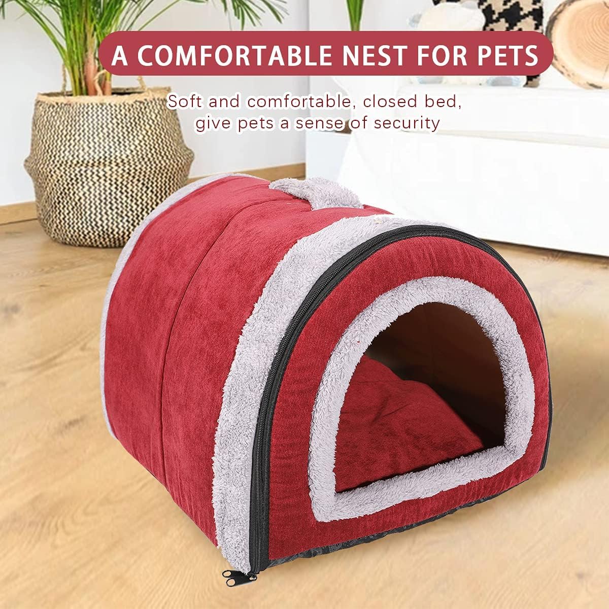 Fluffy's Luxurious 2-in-1 Foldable Pet House Ultra Soft Bed for Cat Dogs, Warm Portable Washable Indoor Puppy Kitten Beds Cave Tent Nest (S, Red) 1