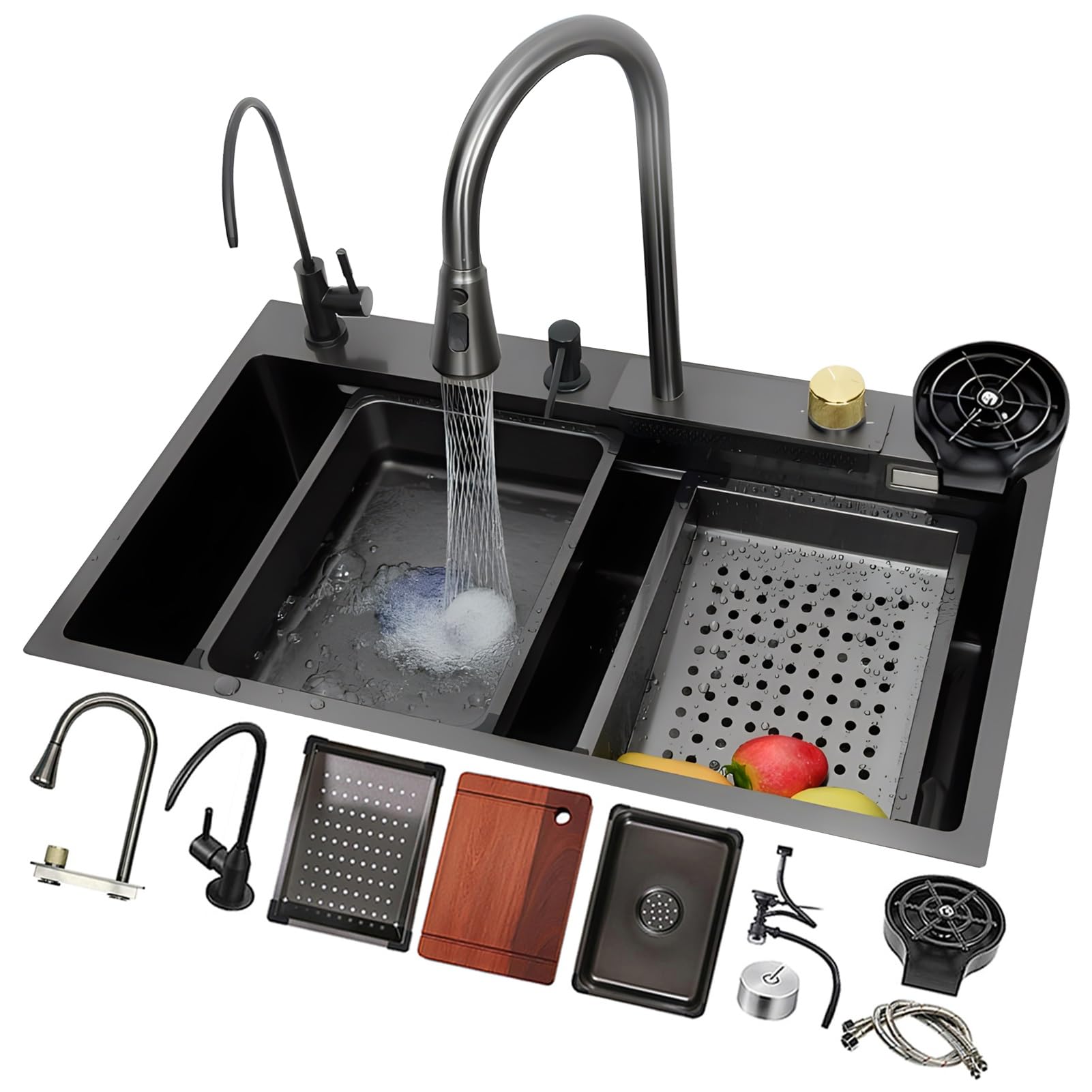 YADZISW Versatile Large Capacity Stainless Steel Kitchen Sink - Single Bowl Waterfall Workstation with Accessories Set (Black 85x45x22cm) for Home Bar and Use
