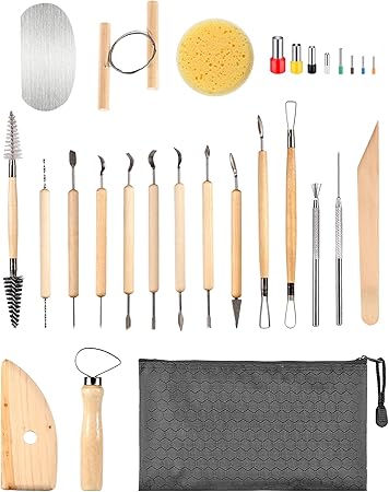 Sculpting Pottery Clay Tools: 28Pcs Air Dry Clay Tools Kit for Adults - Wooden Molding Sculpey Clay Ceramic Carving Tools - Stainless Steel Polymer Clay Cutters Tools Supplies