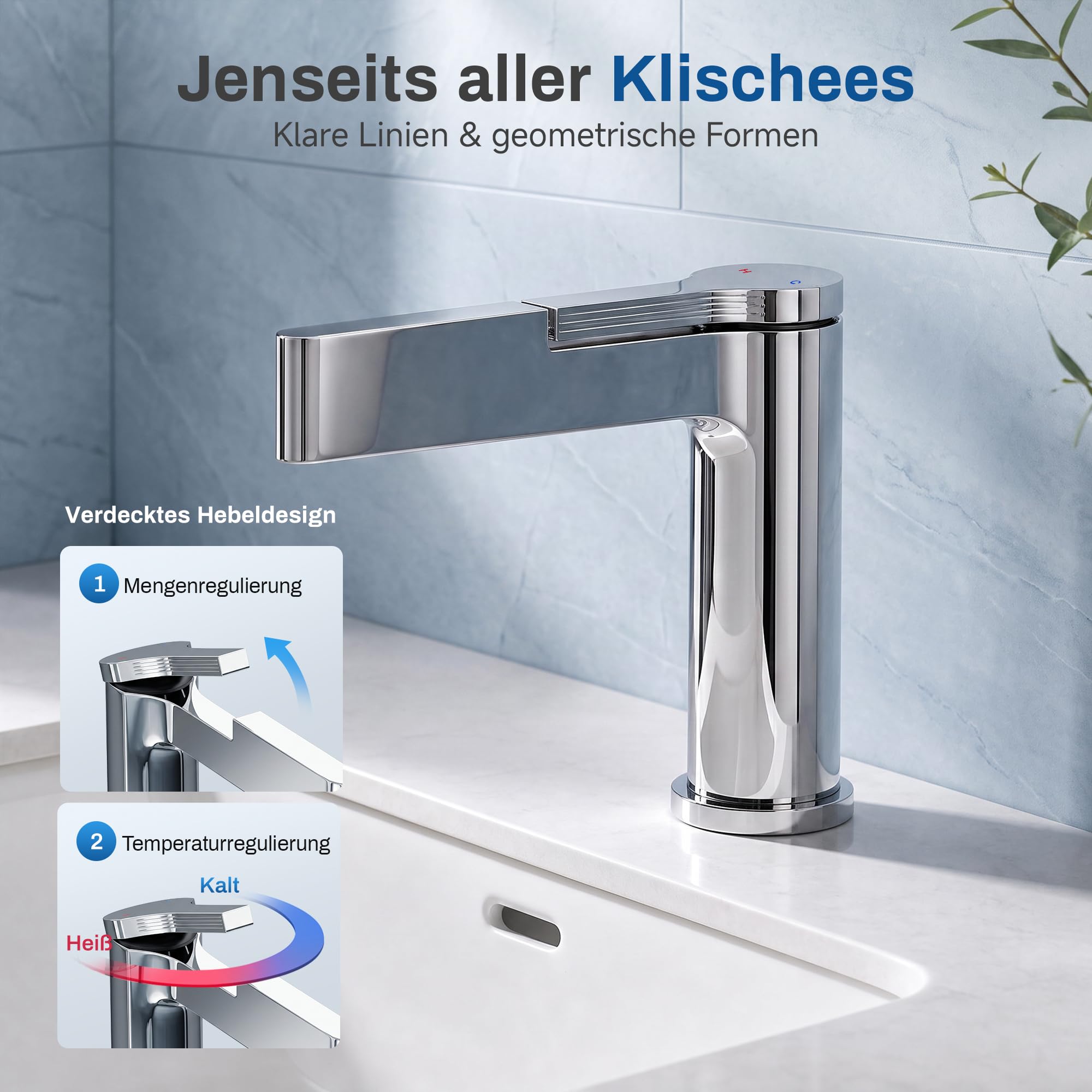 Chrom Wasserhahn Bad, Waschtischarmatur mit Verdeckten Griffen, Wasser Sparen Armatur Badezimmer mit Keramikkartusche und Ungiftigem EPDM-Innenschlauch, für Europäische Waschbecken