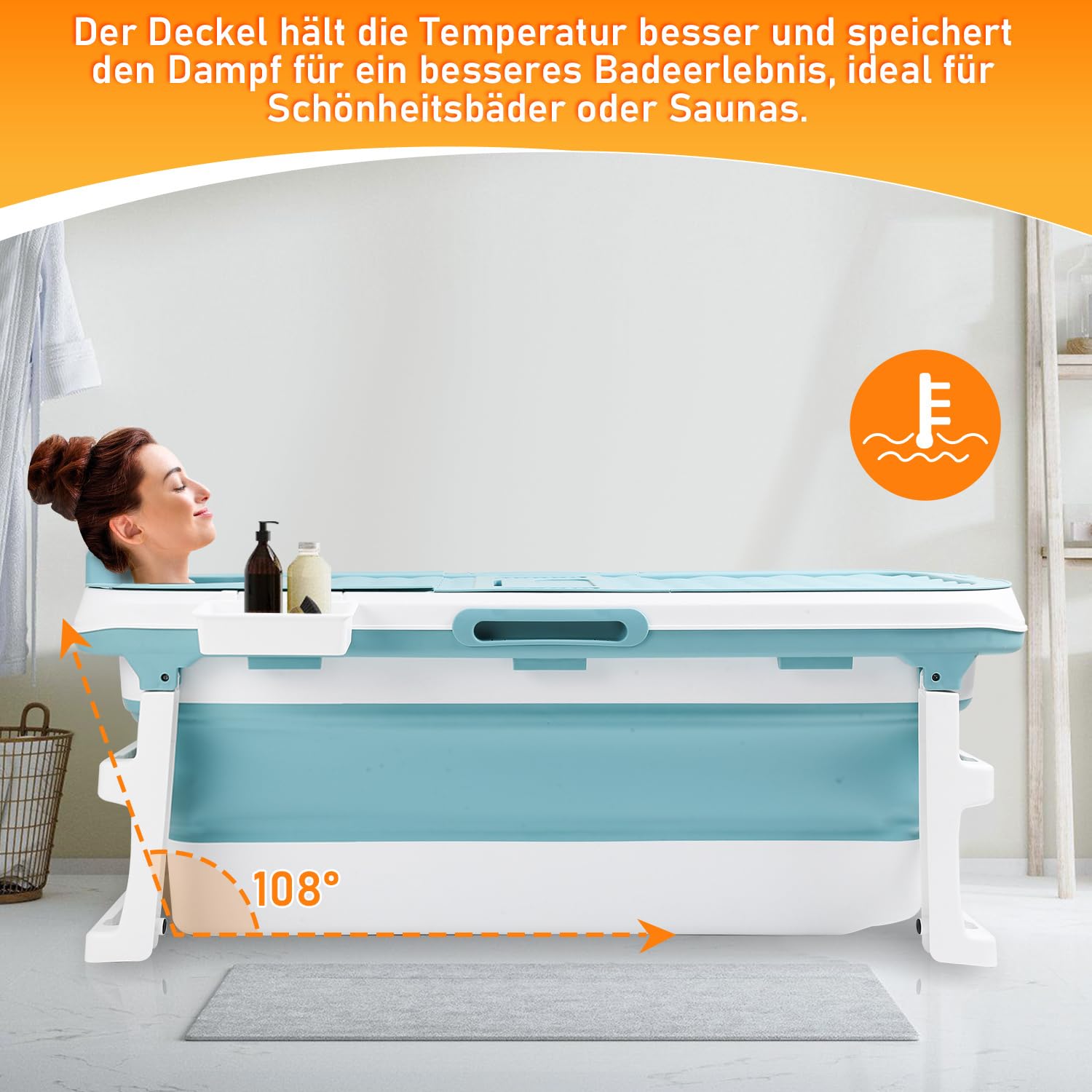 Faltbare Badewanne für Erwachsene, Klappbare Mobile Badewanne 149×60×50 cm, Tragbar & Platzsparend, mit Abdeckung und Ablaufschlauch, für Bad, Dusche & Outdoor, Blau