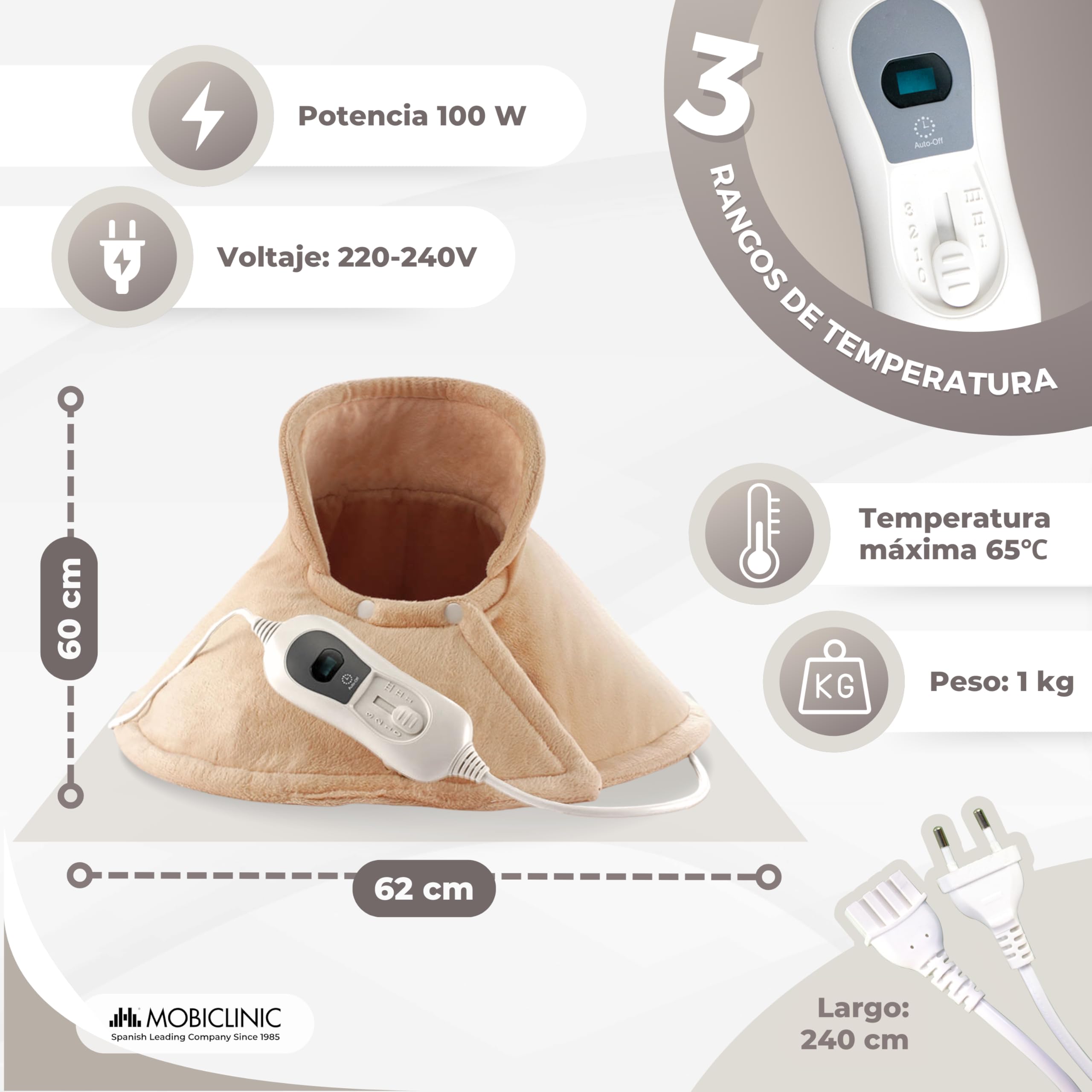 Mobiclinic, Almohadilla cervical, Eléctrica, 3 rangos de temperatura, Apagado automático, Muy bajo consumo, 100w, Marca española, Protección por sobrecalentamiento, Lavable, Para cuello, 62x60cm