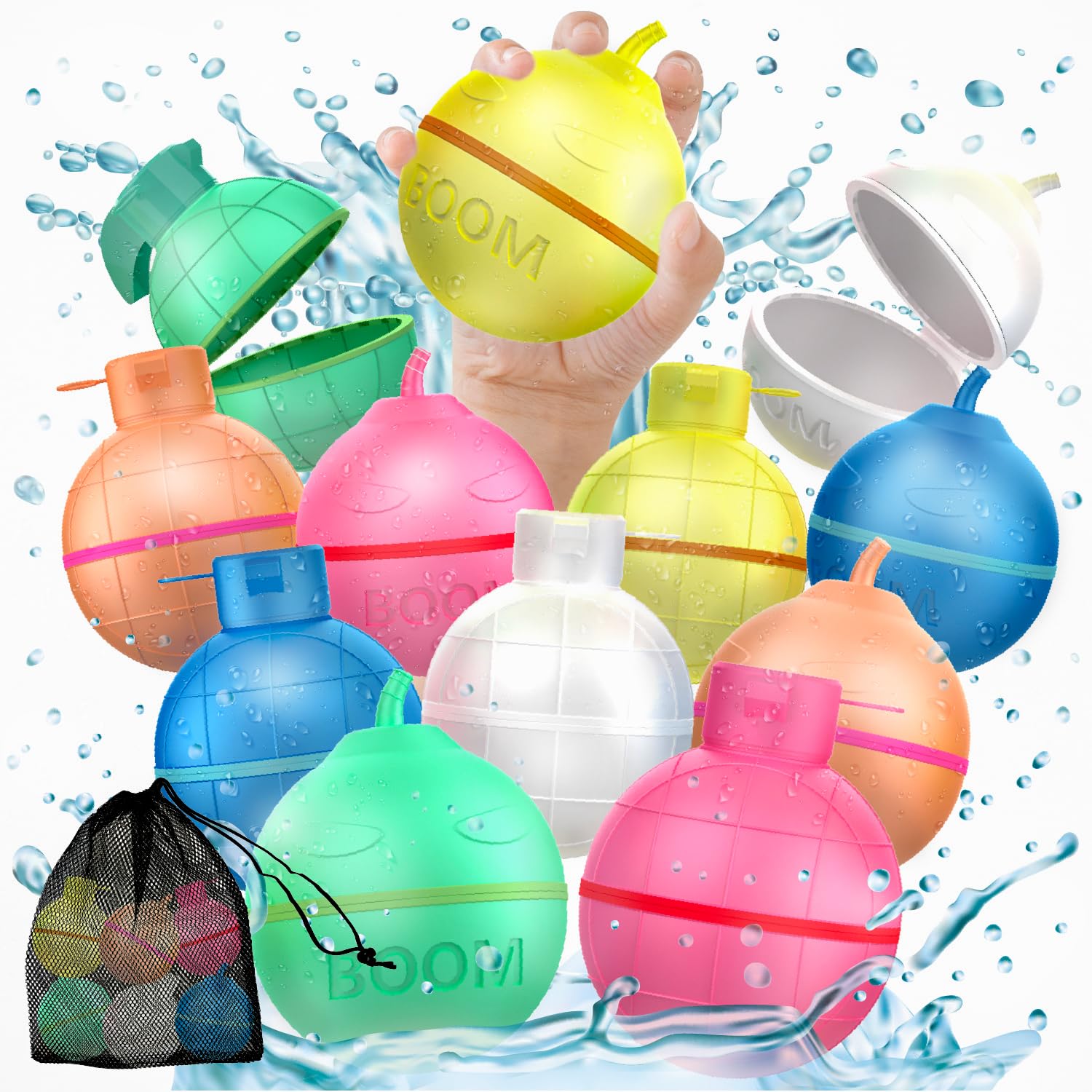 12pcs Reusable Magnetic Water Balloons, Self-Sealing, Latex-Free Silicone Splash Balls for Kids & Adults, Fun Summer Outdoor Pool Party Toys, Easy Quick Fill, Water Bomb Games (Bomb & Grenade)
