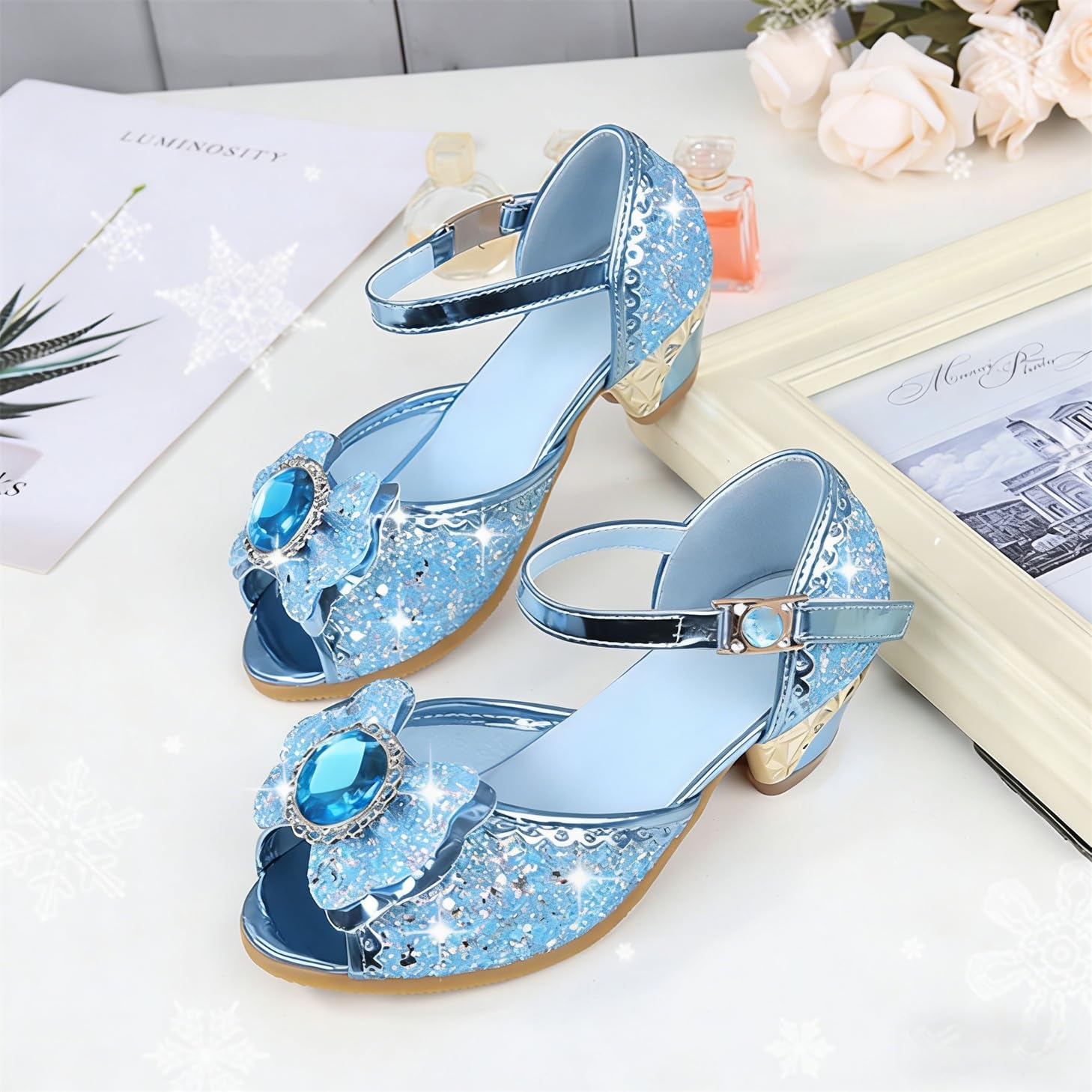 FStory&Winyee Sandales Princesse Enfant Filles Reine des Neiges Bouche Poisson Talons Hauts Chaussures Ballerines Elsa Arc Charmant Doux Cosplay Déguisement Ceremonie et Fêtes