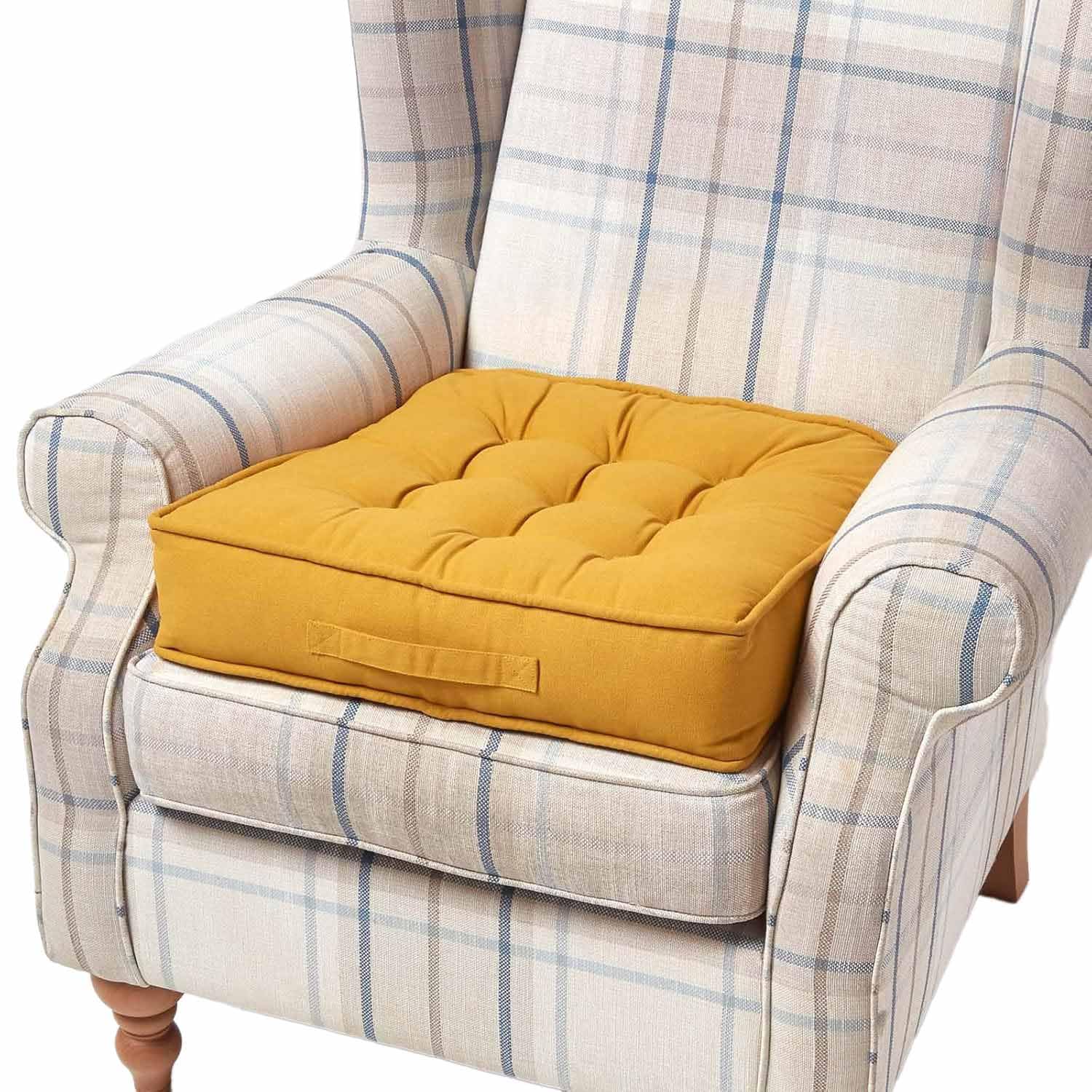 Homescapes Women's Mustard Yellow Mustard Armchair Booster Cushion Large Firm 50Cm Square Seat Pad With Supportive 10 Cm Thick Lift Soft Touch Cotton Dark Yellow Cushion For The Elderly, Post-Operative And Pregnancy