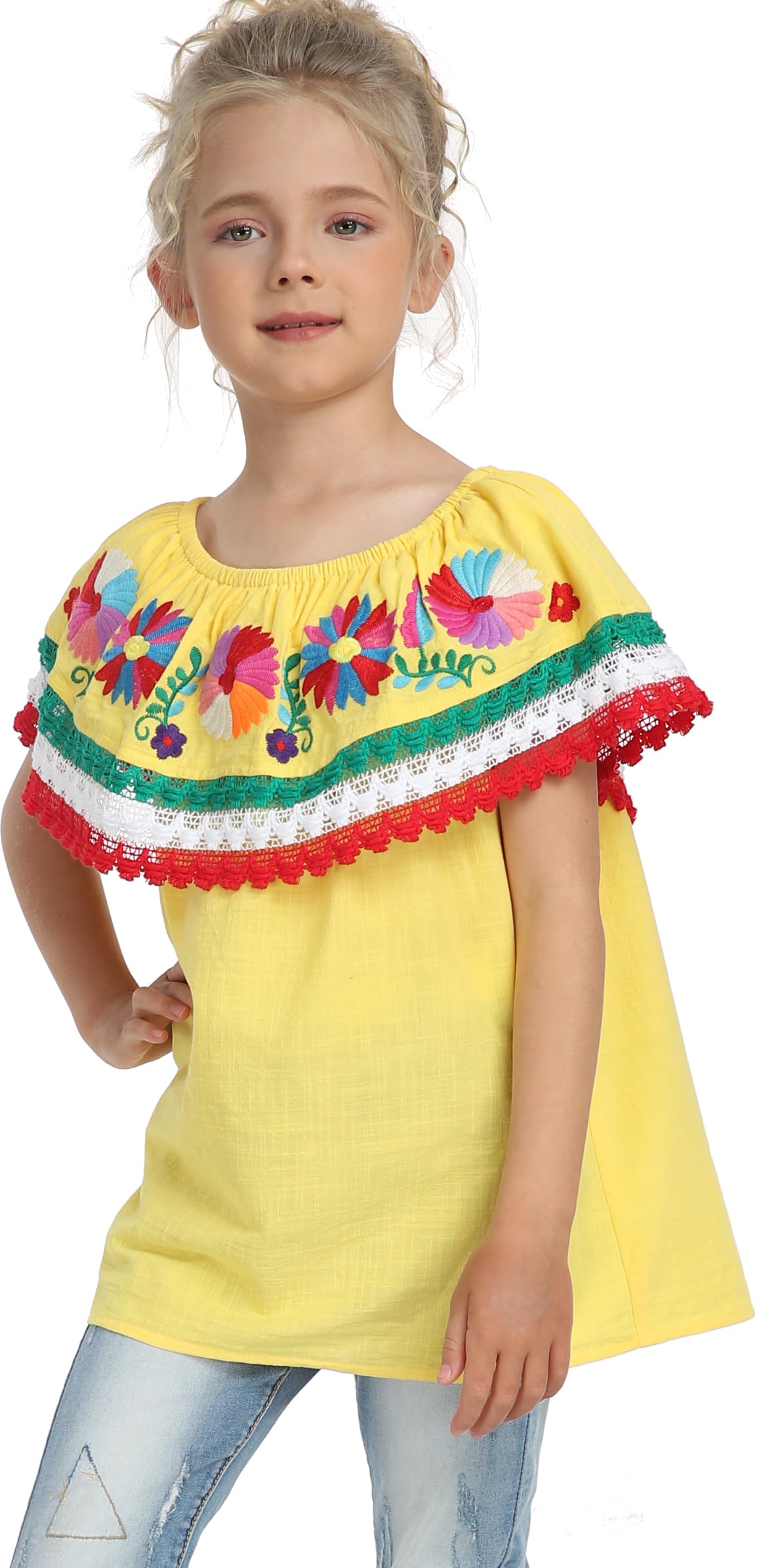 YZXDORWJ Mexican Blouse for Girls Traditional Embroidered Youth Kids Shirts Off the Shoulder Ruffle Lace Peasant Blouse