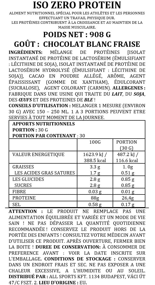 All Sports Labs Iso Zero Protéine – Chocolat Blanc Fraise – Isolat & Hydrolysat de Whey (Optipep®) – 88% Protéines – Faible en Sucres – Idéal Sèche & Récupération Musculaire – 908 g