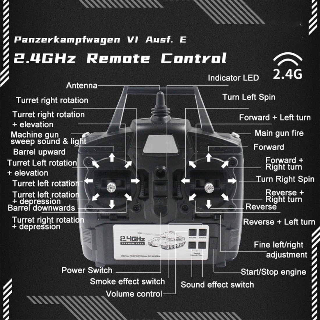 Scala 1/16 2,4 G Full proporzional Tedesco Tiger L RC con scheda di controllo 7,0, lancio a pellet (RTR/versione migliorata/motivo mimetico a righe sottili con corsa telescopica)