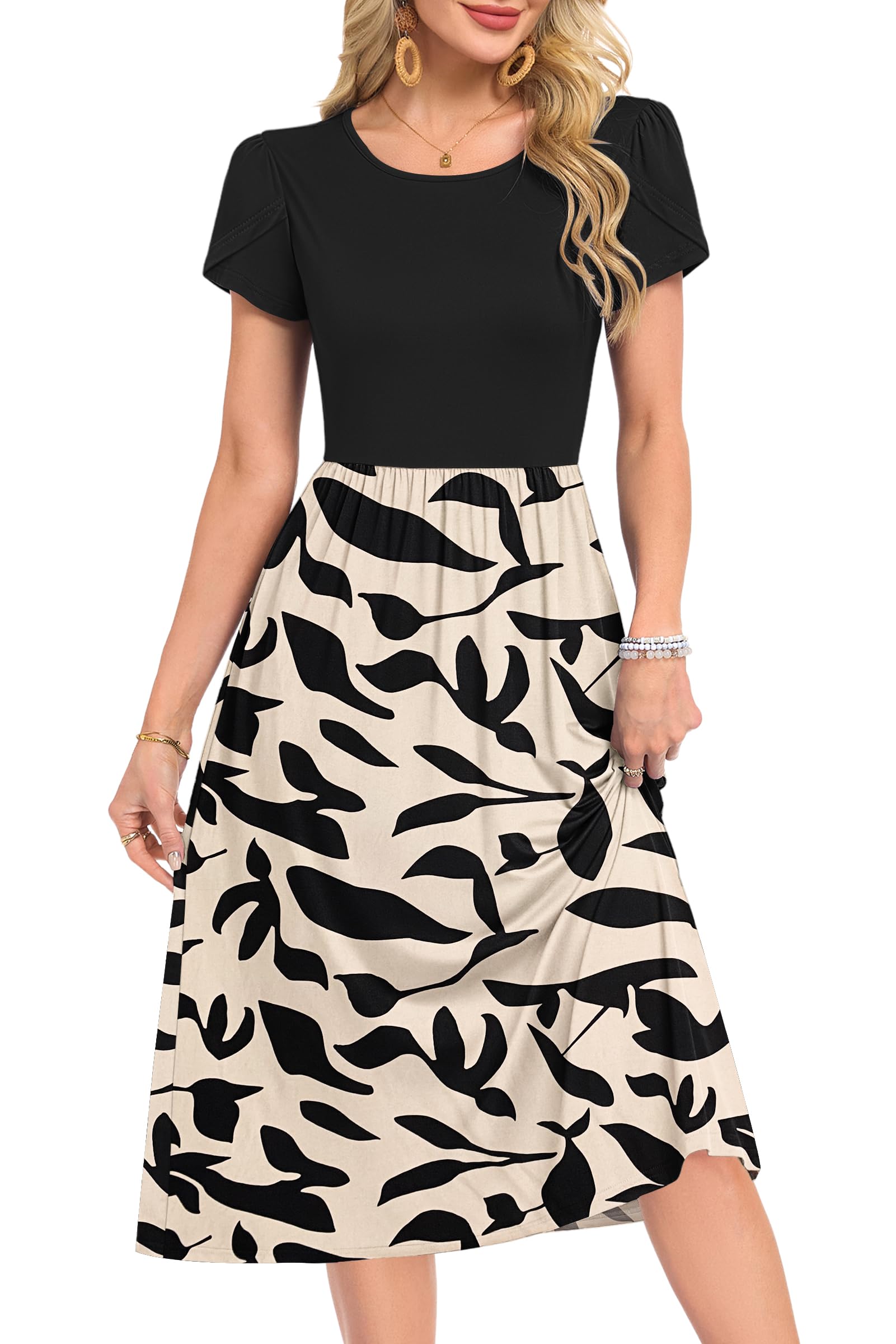 MOLERANI Damen Sommerkleider Kurzarm Rundhals Midikleid Knielang Freizeitkleider Lose A-Linie Kleider mit Tasche