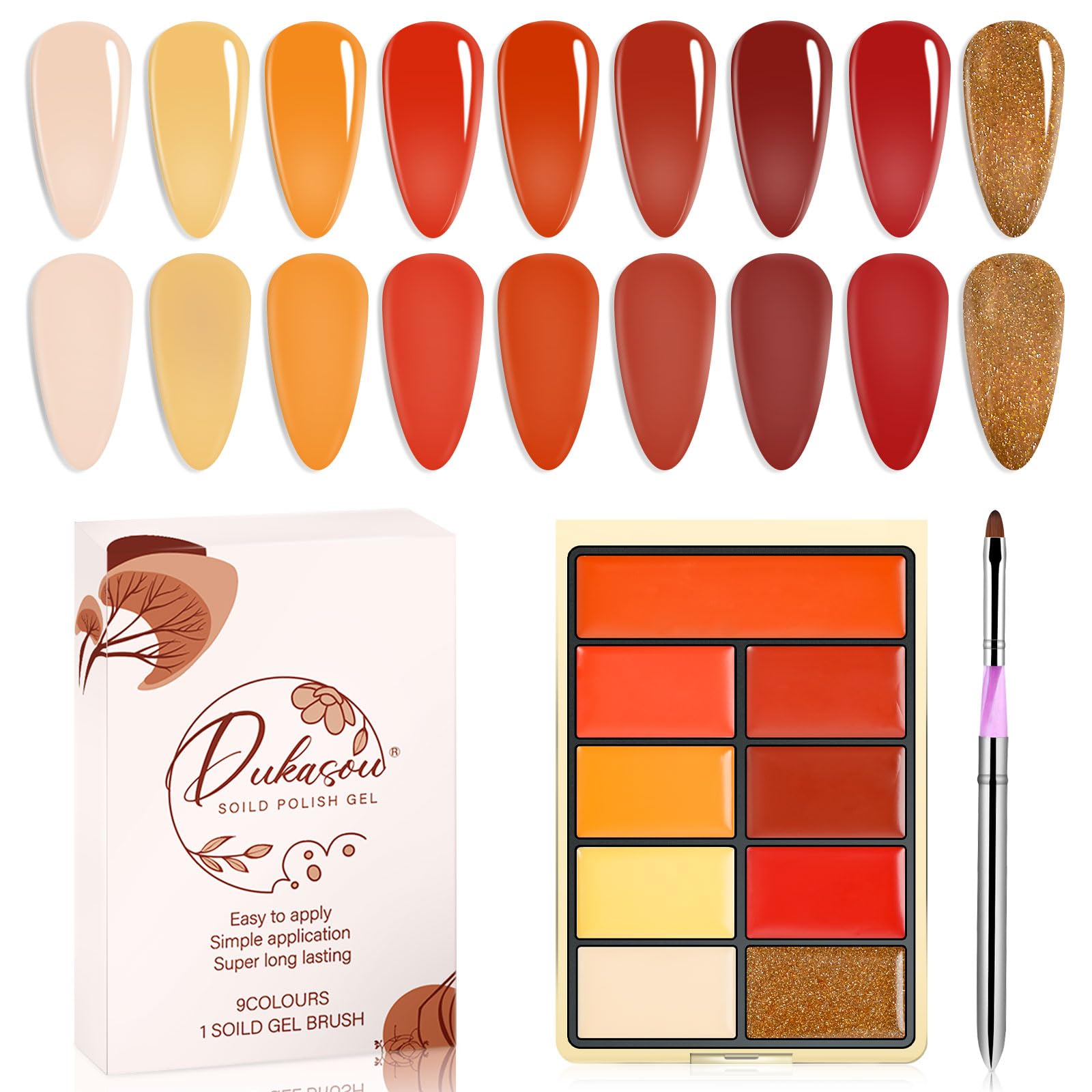 DUKASOU Solid Gel Nail Polish Set, 9 Colors Red Orange Shimmer Solid Cream Gel Polish Palette with Brush, Solid Ombre Nail Polish for Women DIY