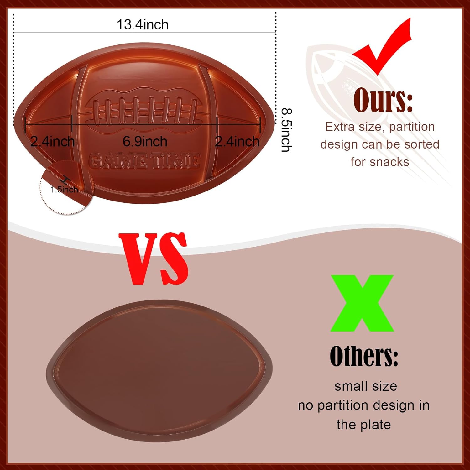 48 Pcs Football Serving Trays, Large 13.4 x 8.5 Inch Plastic Football Snack Thick Trays, Includes 2 Dip Sections, Tailgate Party Serveware Decorations