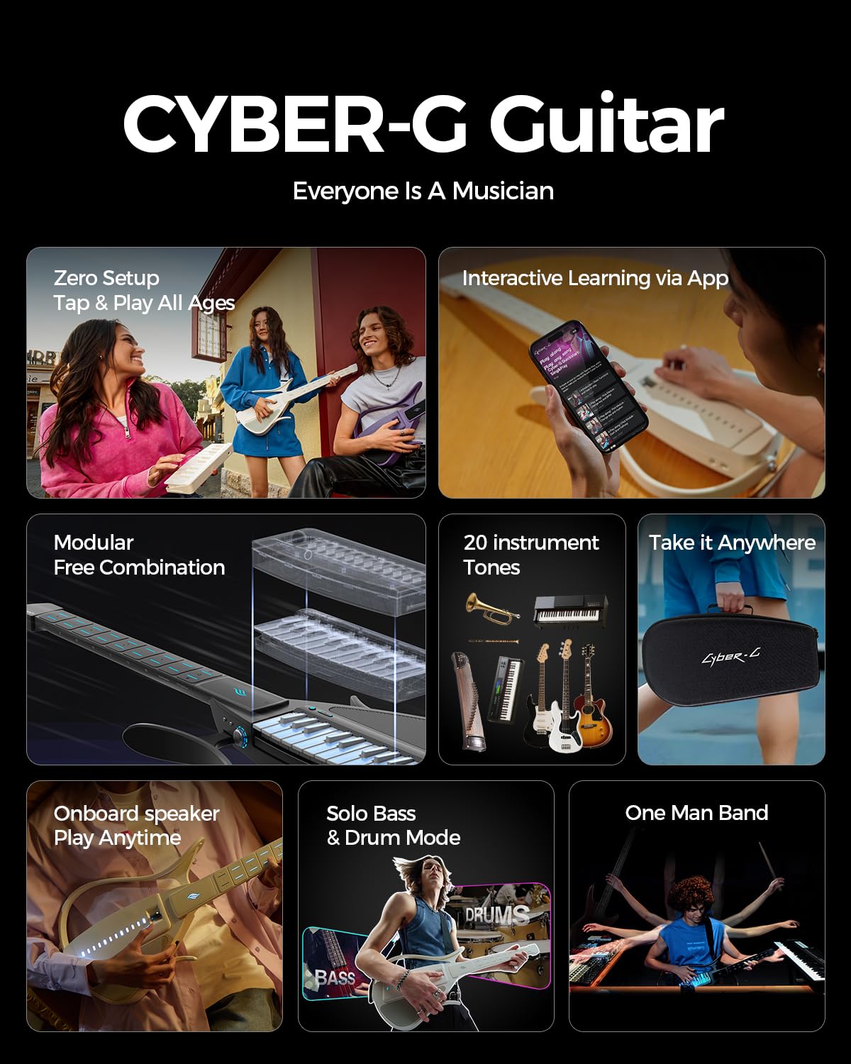 Enya CYBER-G Chitarra Smart senza Corde – Innovativa Silent & E-Guitar con Tasti LED, Drum & Bass, Centinaia di Preset, App per Accordi Interattivi per Imparare, Esercitarsi & Performance – Nero