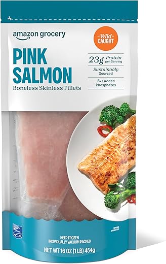 Amazon Fresh Brand, Wild Caught Pink Salmon Skinless Fillet Portions, Frozen, Sustainably Sourced, Phosphate Free, 1 Lb
