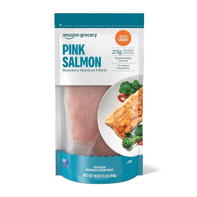 Amazon Fresh Brand Wild Caught Pink Salmon Skinless Fillet Portions Frozen Sustainably Sourced Phosphate Free 1 Lb