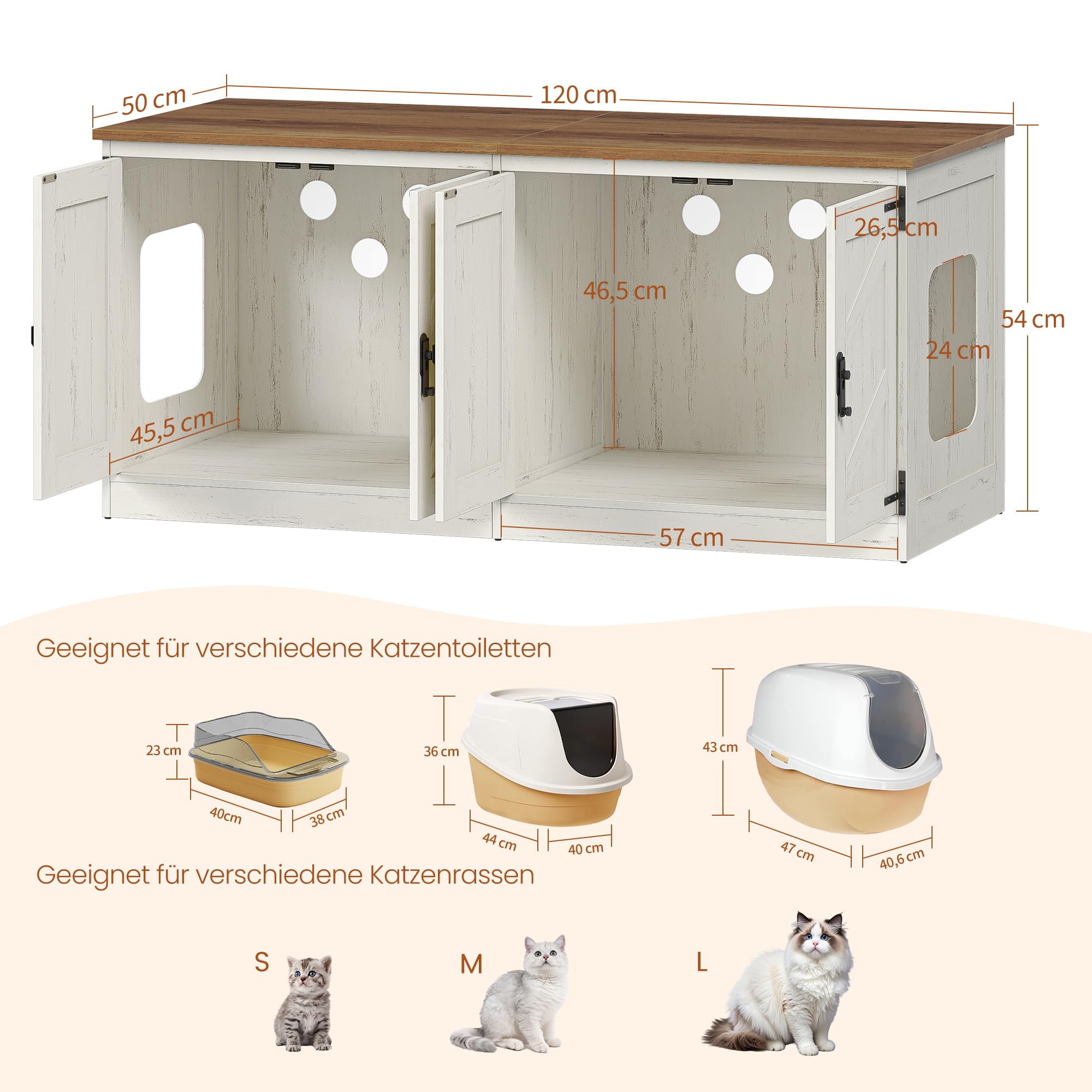 Hzuaneri Katzenschrank für 2 Katzen, 120 cm Katzenklo Schrank, Braun-Weiß | Katzentoilette Schrank Versteckt, Bauernhausstil, Katzenhaus für den Innenbereich Fernsehschrank, 120 x 50 x 54 cm, 840214X