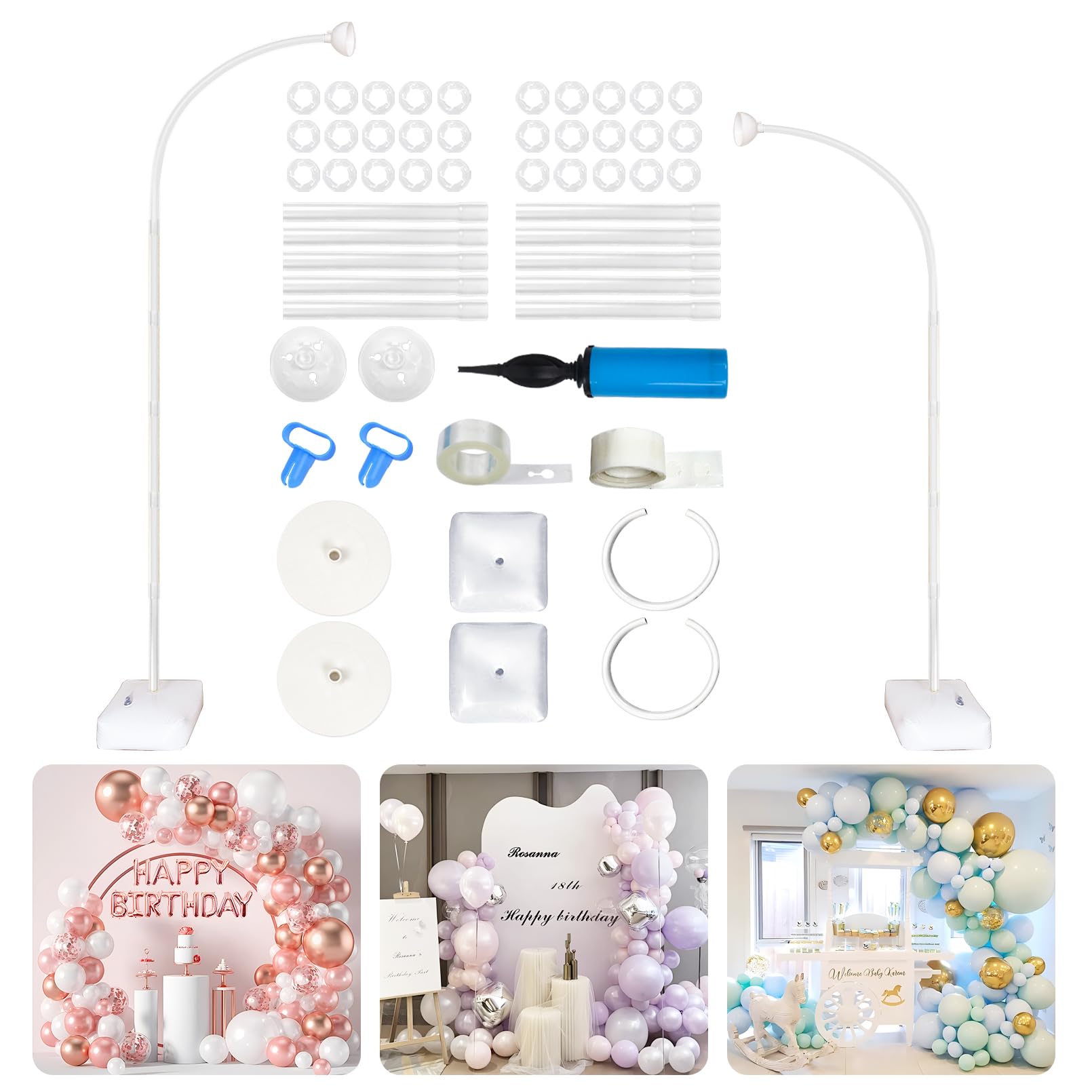 Supporto per arco per palloncini regolabile da 8 a 6 piedi, con base per palloncini, flessibile, con supporto per compleanno, matrimonio (bianco)