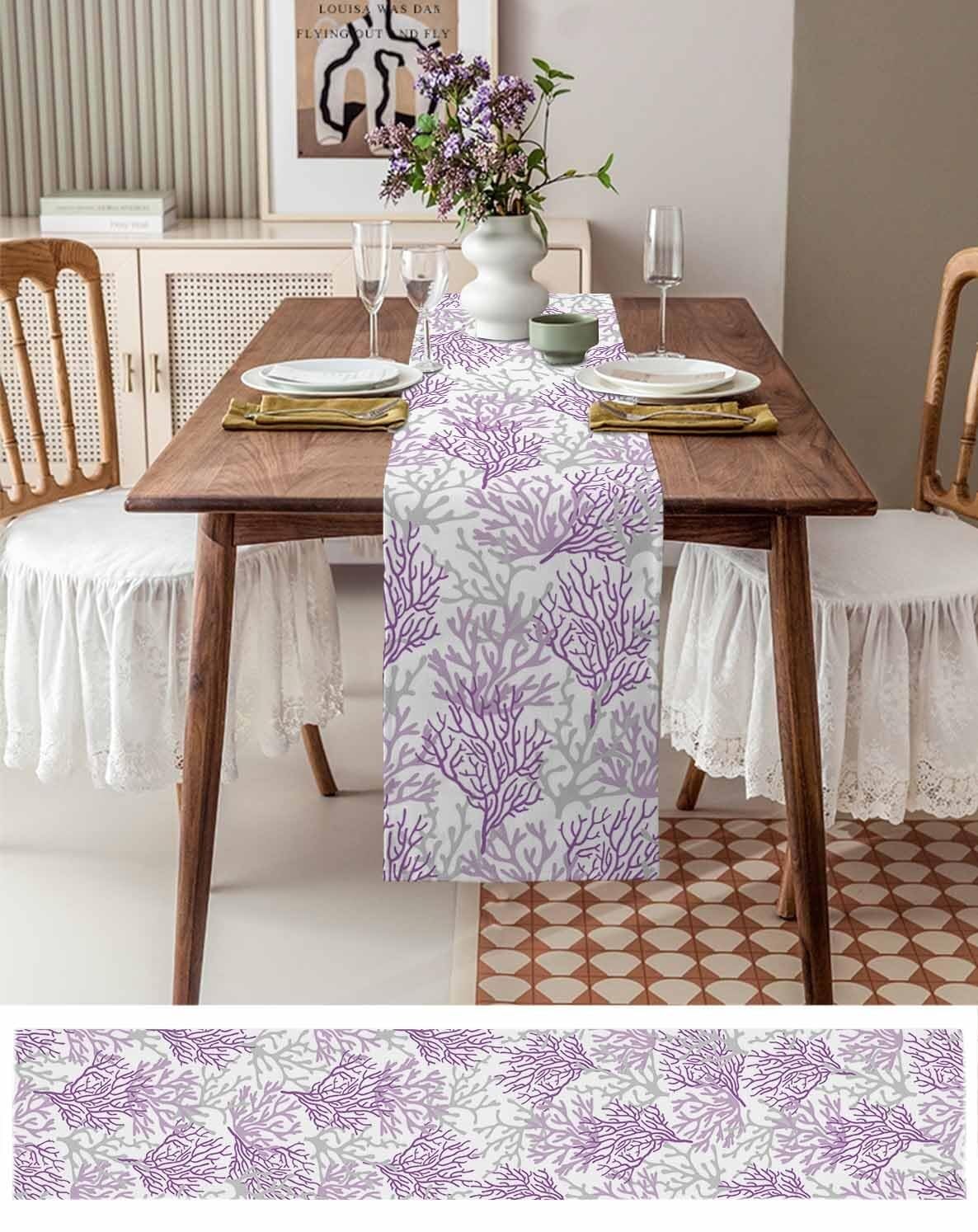 Chemin de Table en Coton et Lin Bleu Corail 13"x60" - Parfait for Une décoration sur Le thème de la Plage en été(Purple Gray Coral,13x120 inch)