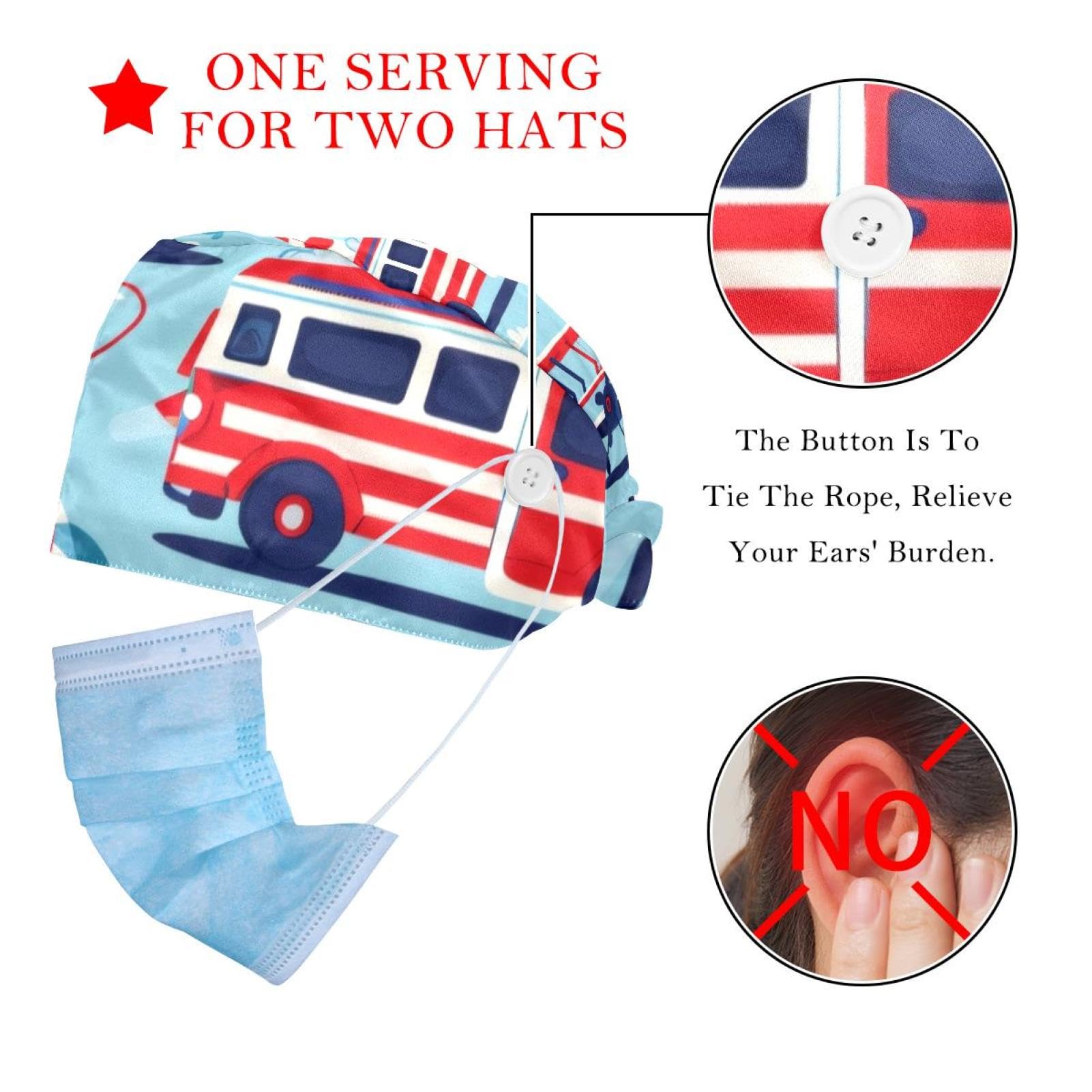 2 Pcs Fire Trucks Plane Working Cap with Buttons Sweatband Adjustable Hats Tie Back Hats