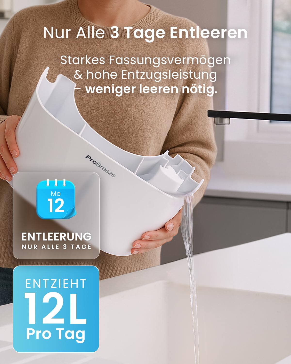 Pro Breeze Luftentfeuchter 12L in 24h Entfeuchtungsleistung - Raumgröße ca. 120m³ (~20 m²) - mit 3 Betriebsarten, Digitalanzeige, Ablaufschlauch, Timer - Gegen Feuchtigkeit, Schimmel Weiß