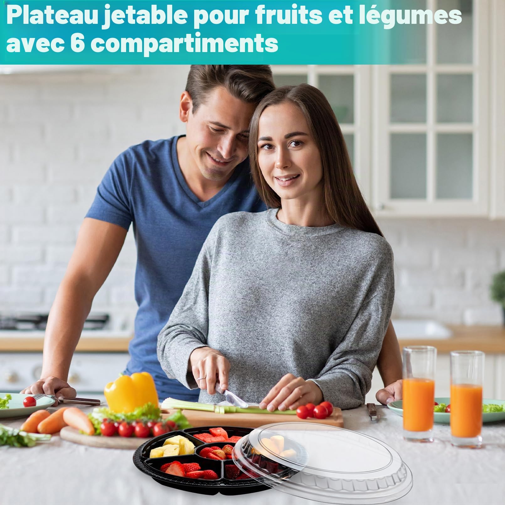 Lot de 30 plateaux à hors-d'œuvre avec couvercle, avec 6 compartiments séparés, plateaux robustes pour légumes, fruits, collations, plateau de service rond pour entrées, buffets de fête, noirs