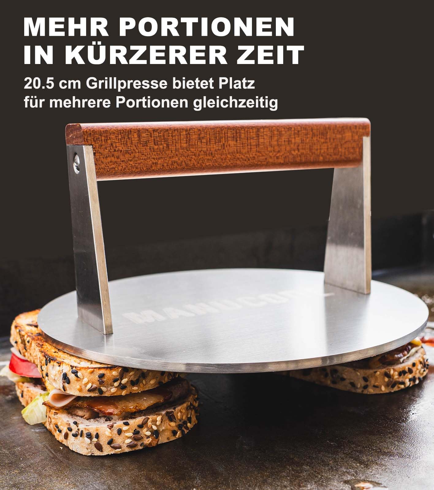 Grill Gewicht aus 304 Edelstahl – Smash Burgerpresse (1,42 kg Ø 20.5 cm) mit Hitzeabweisendem Holzgriff, für Schnelle Kruste auf Burgern & Steaks