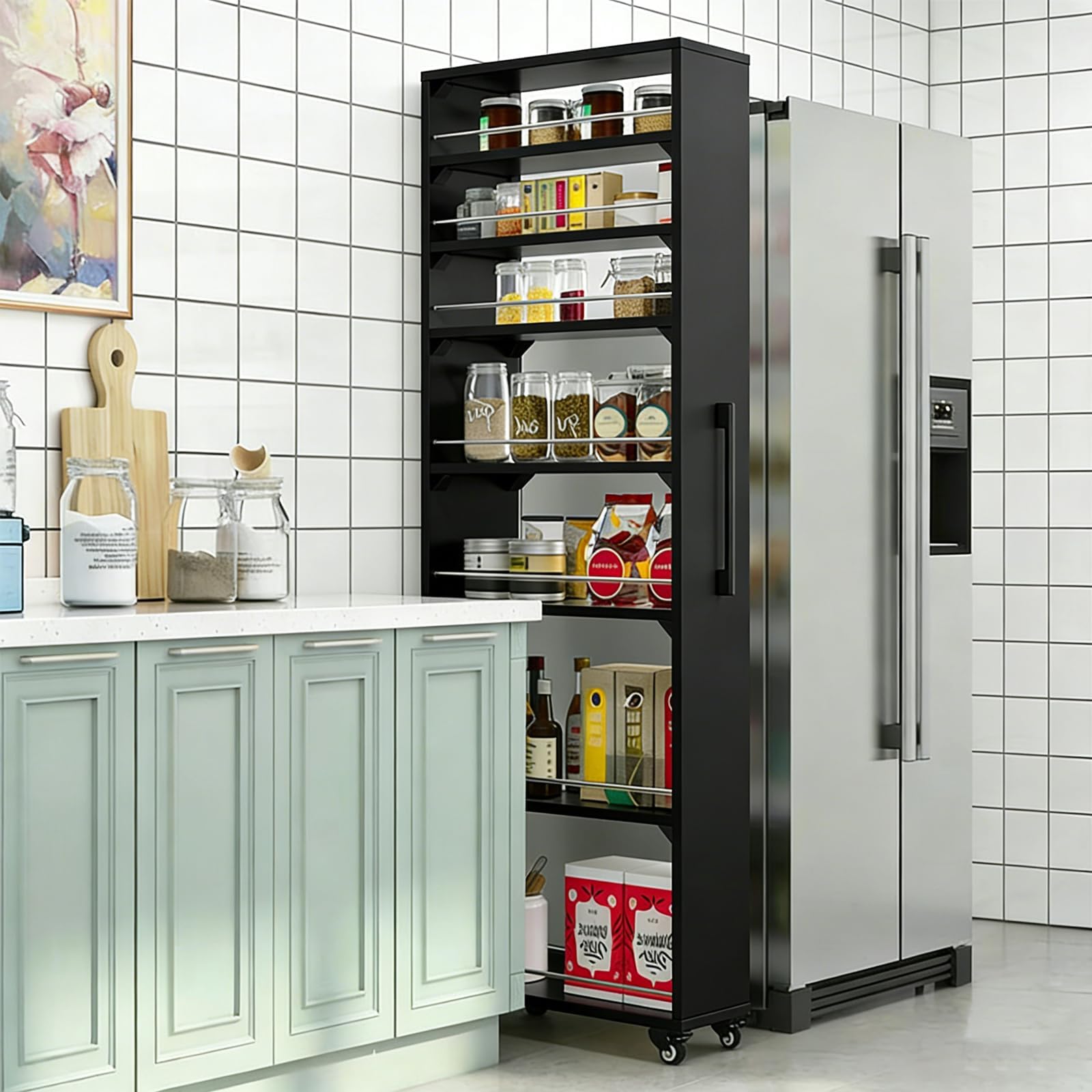 Carrito de almacenamiento delgado negro de 45x25x184cm con ruedas para cocina y espacios estrechos