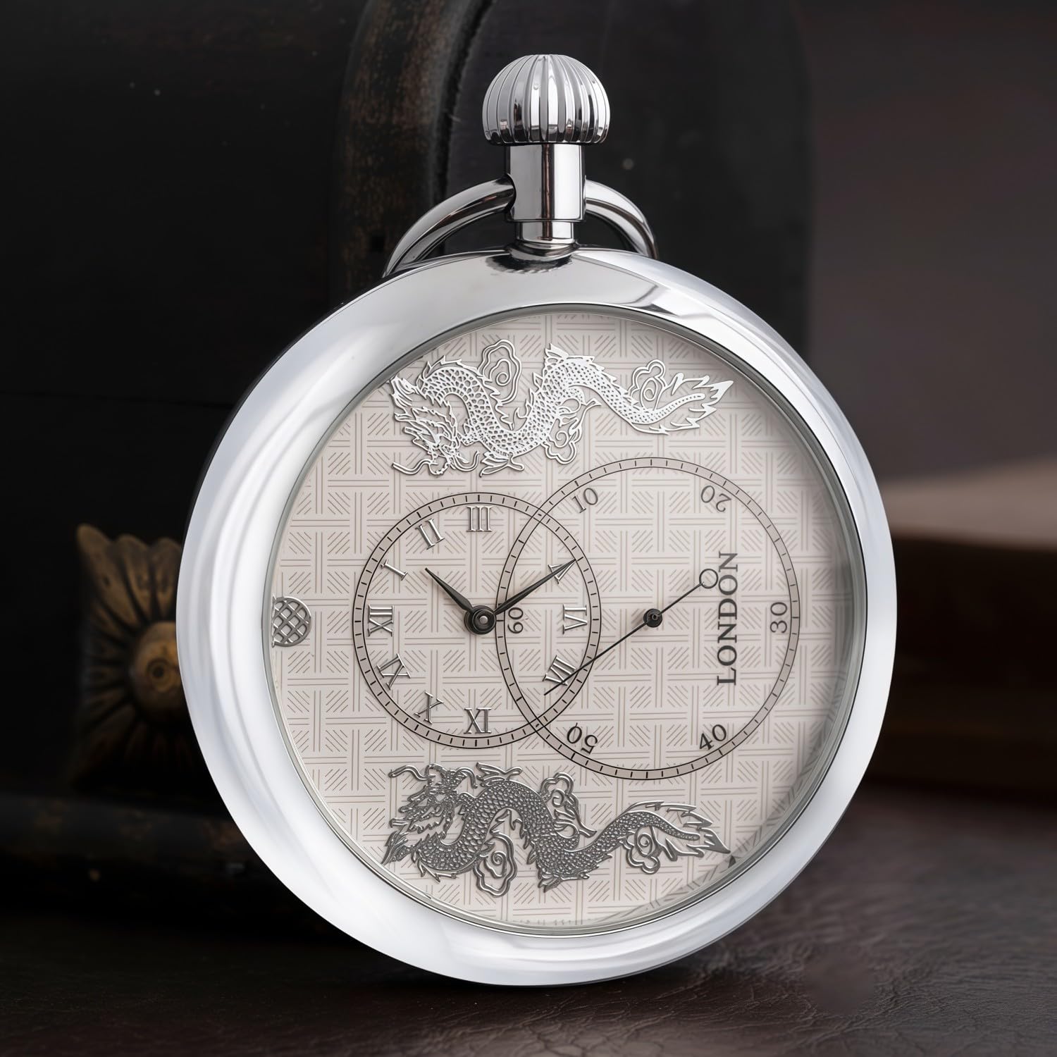 Orologio da taschino da uomo, con doppio drago, meccanismo in argento, cassa con catena