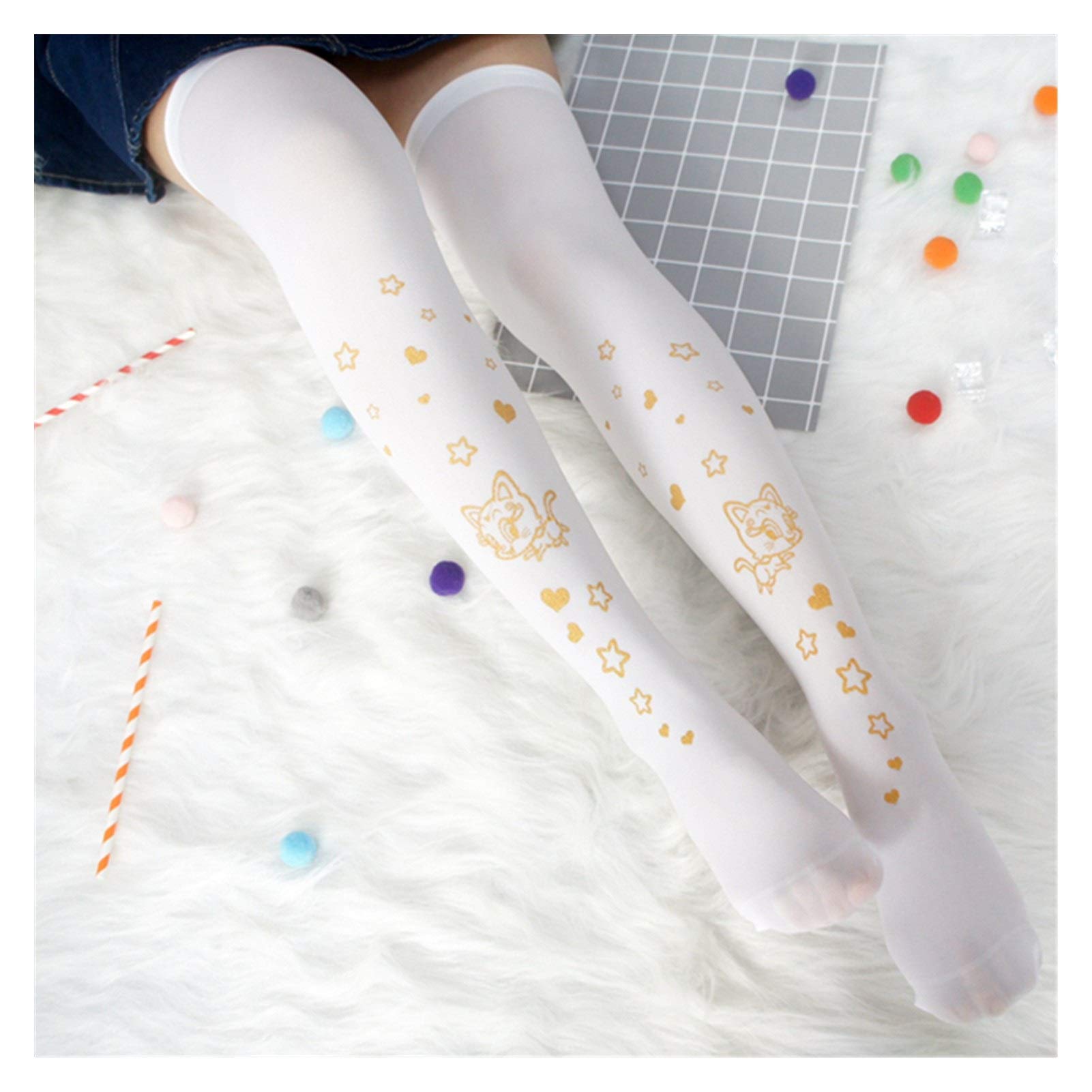 Japanisches Mädchen Schöne Meow Star und Heißprägedruck Kniestrümpfe Lolita Oberschenkel Strümpfe Warm (Color : Meow Star and Silver, Size : One Size)