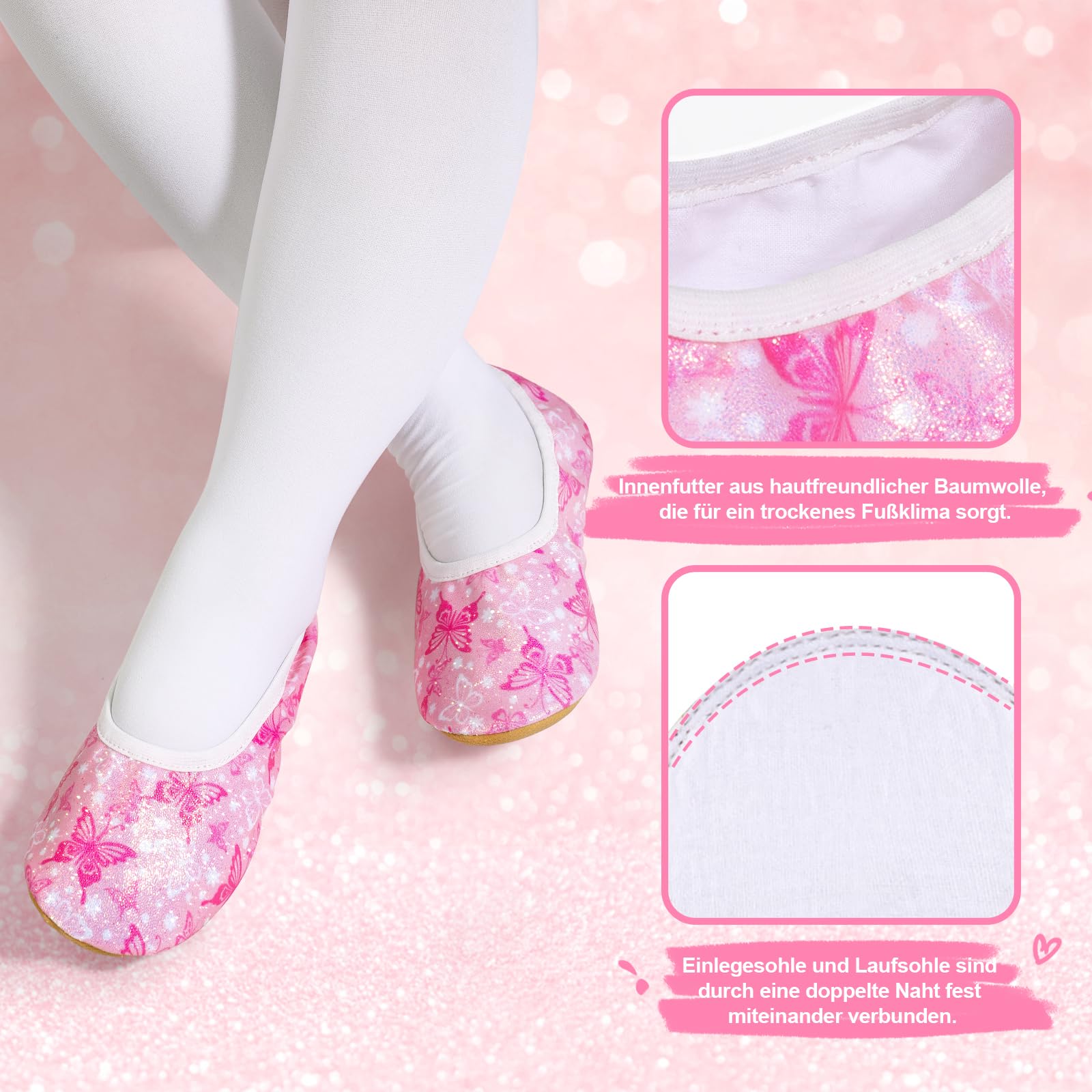 Chaussons de gymnastique pour fille - Paillettes - Doublure en coton - Semelle Oxford