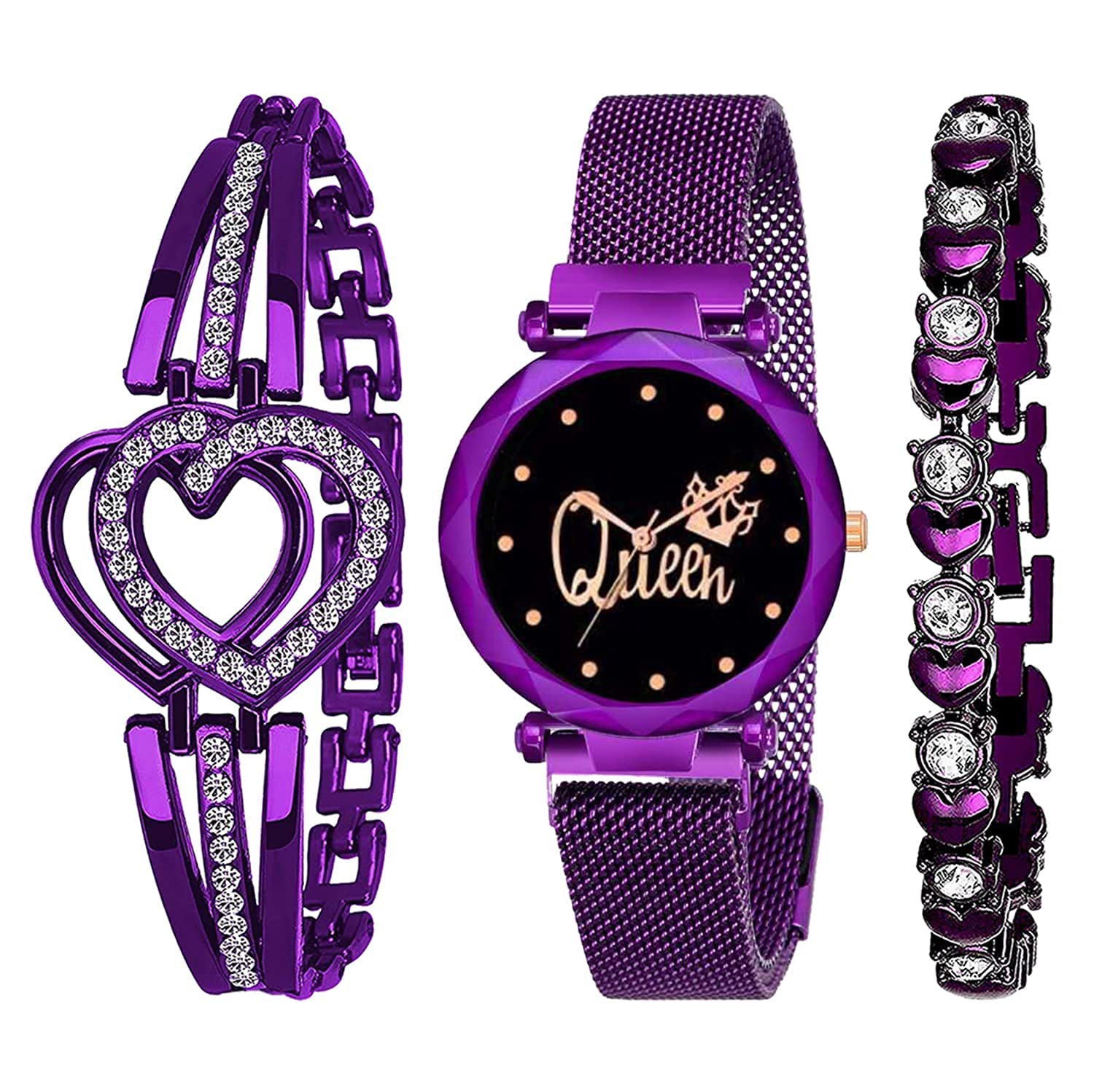 GOLDENIZE FASHION Branded Queen Dial Magnet Belt Stylish Gift Girls and Womens Watch with Bracelet Pack of 3 (Purple) (B0B14H94NH) Amazon Price History, Amazon Price Tracker