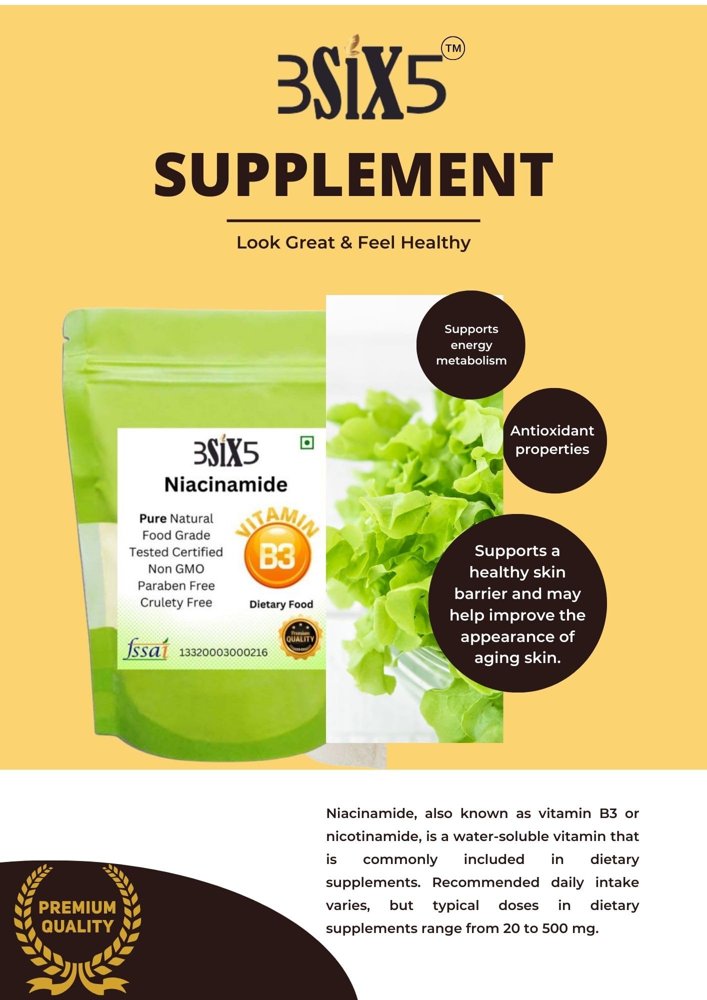 3SIX5 Niacinamide (Vitamin B3) Supplement for Radiant Health & Energy (100gm) — Amazon image 9