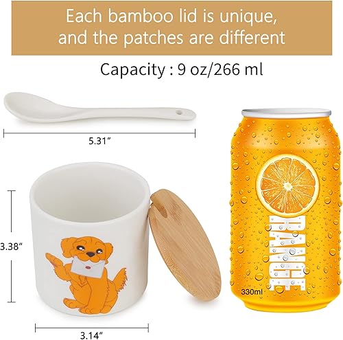 Miniatura 6 de Kitchenexus Azucarero de cerámica, azucarero de porcelana con tapa de madera y cuchara de acero inoxidable de 9 oz/9.0 fl oz con patrón de perro,