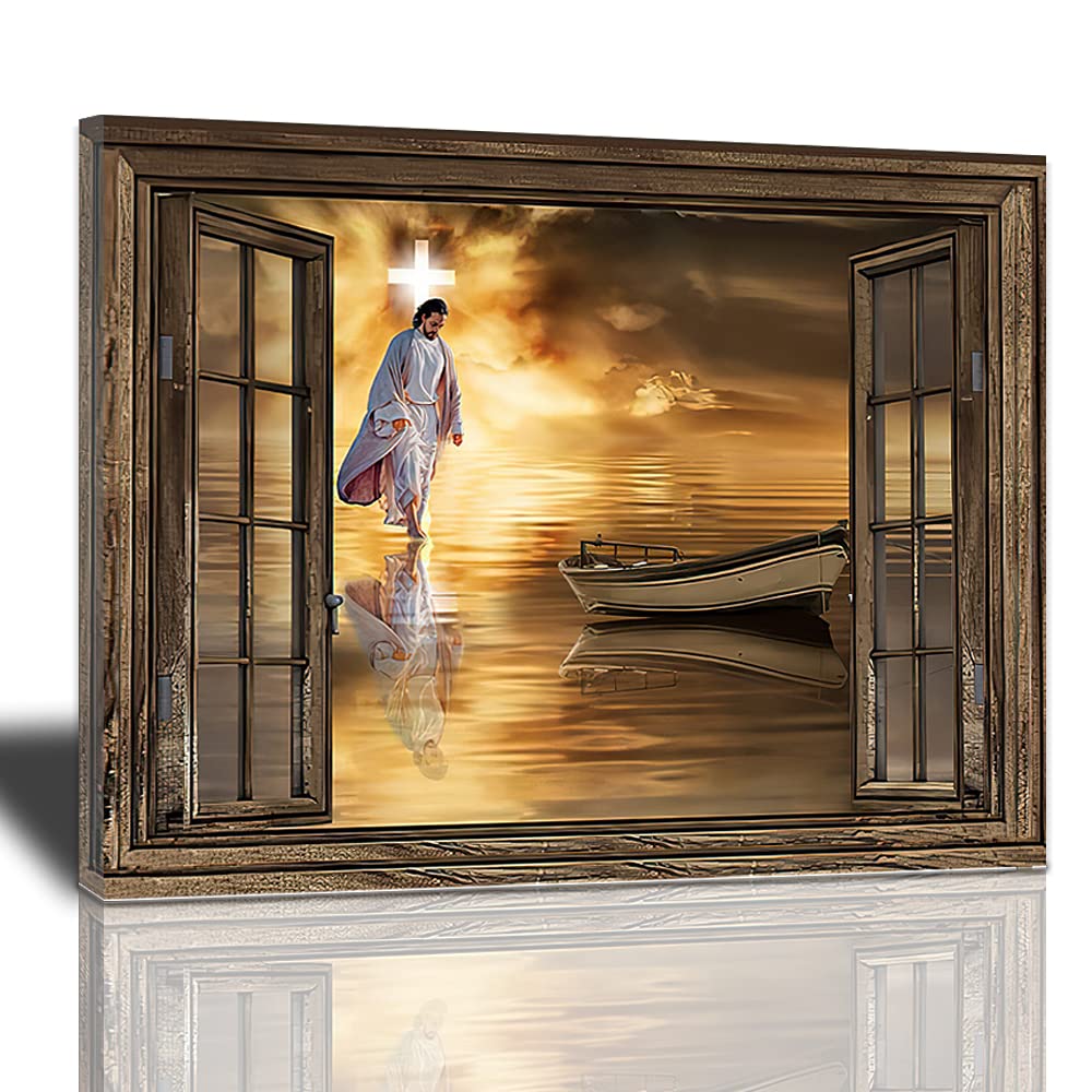 Bulldog Leather Works Jesus Decor Canvas Wall Art, Abstract Christ Cross Artwork Portrait Poster God Walking On Water Inspirational Painting Modern Home Decorations Framed Ready Hang 16x20inch
