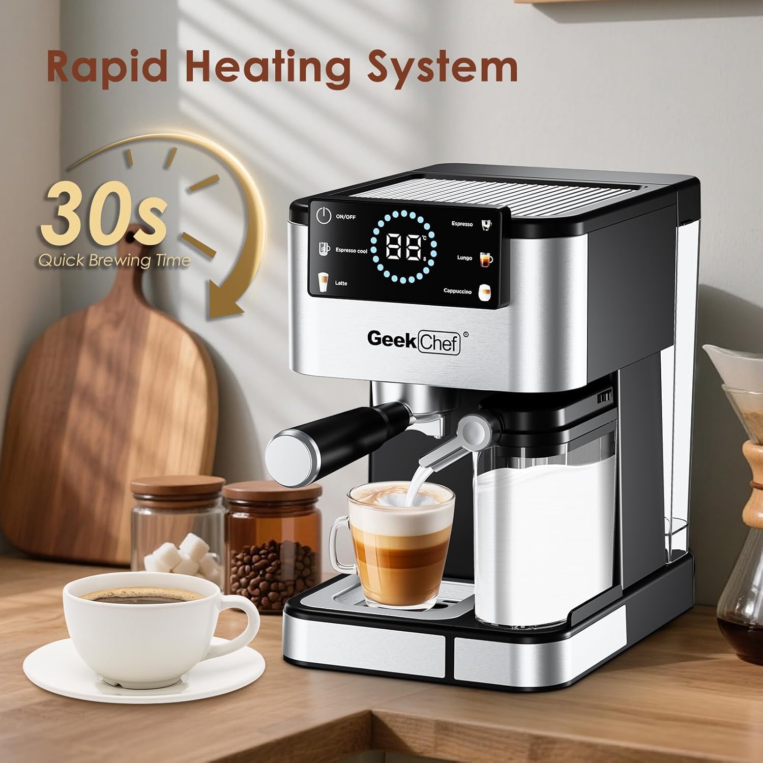 Geek Chef Espresso Machine with Milk Frother, 20 Bar Expresso Coffee Machine, Quick Heating, Latte & Cappuccino Maker, Easy to Use & Clean, for Home & Gift