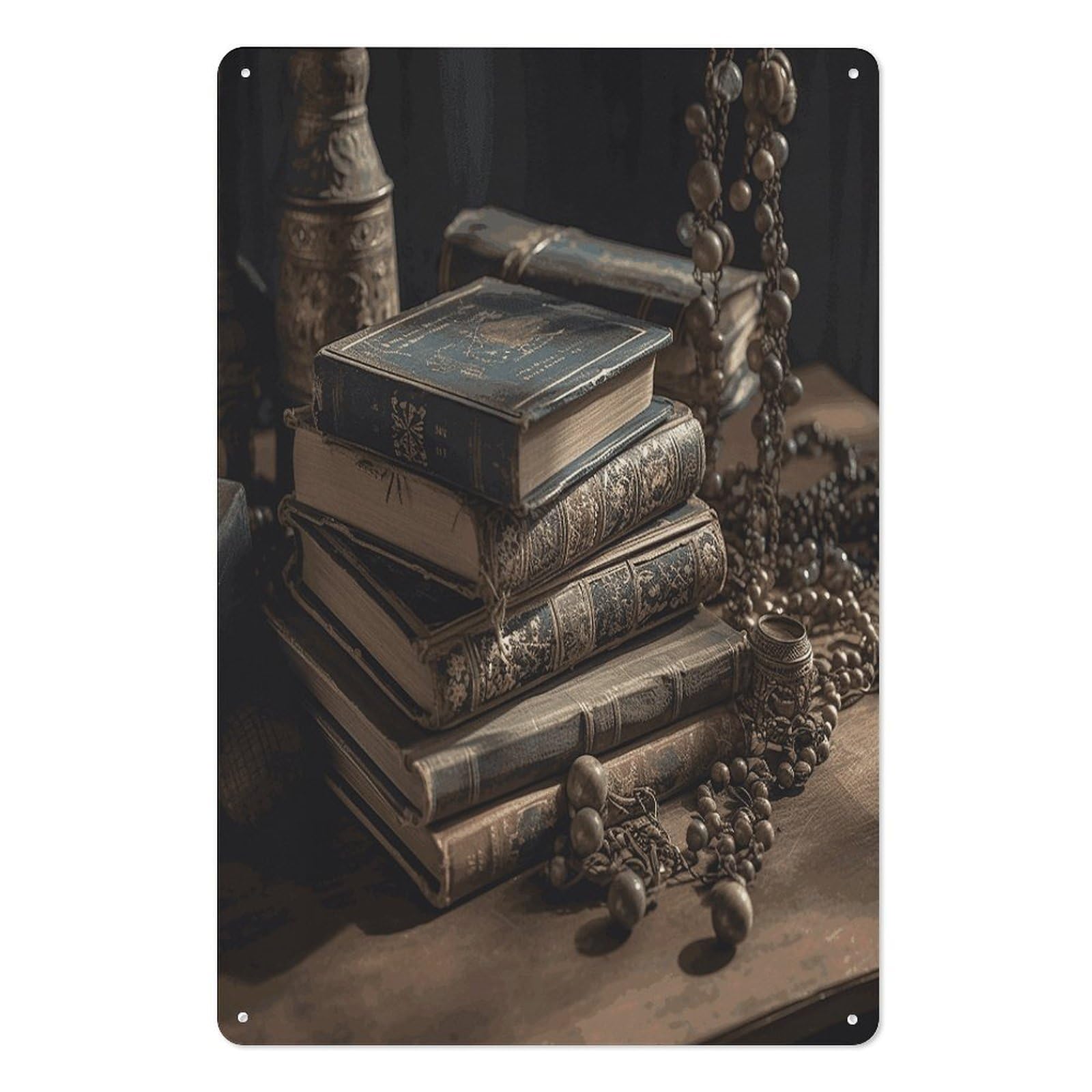 Letrero de estaño Stack of Old Books para decoración de pared retro 20x30 cm