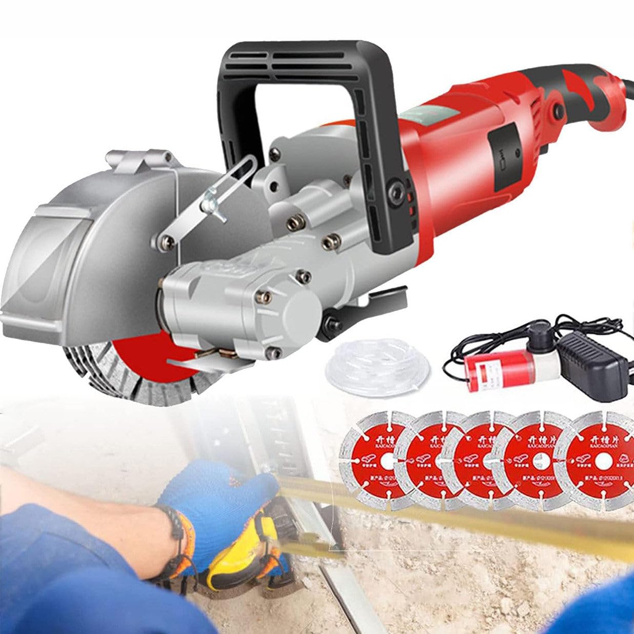 LINCYSWall Chaser with Dust Extractor, 4000W Electric Wall Chaser with 5 Saw Blades, Wall Slotting Machine, Wall Groove Cutting Machine, for Granite Marble Concrete Stone,Red