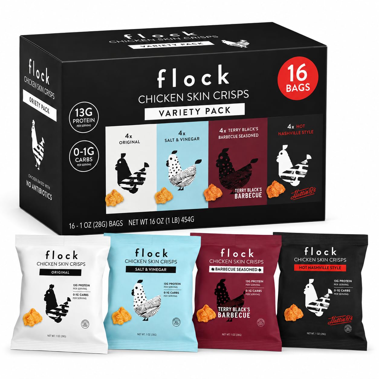 Flock Chips de pele de frango sortidos — Original, Nashville Hot, BBQ e Salt & Vinegar — 16 pacotes de 28 g