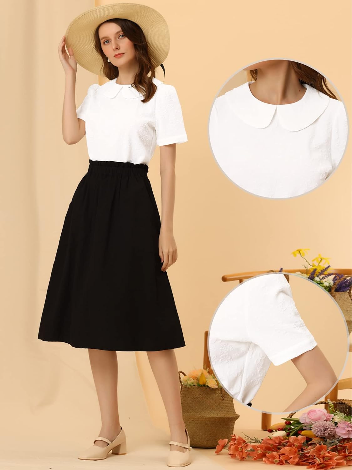 Allegra K Peter Pan Collar Blouse for Women's Floral Jacquard Puff Short Sleeve Kawaii Top - Image 4