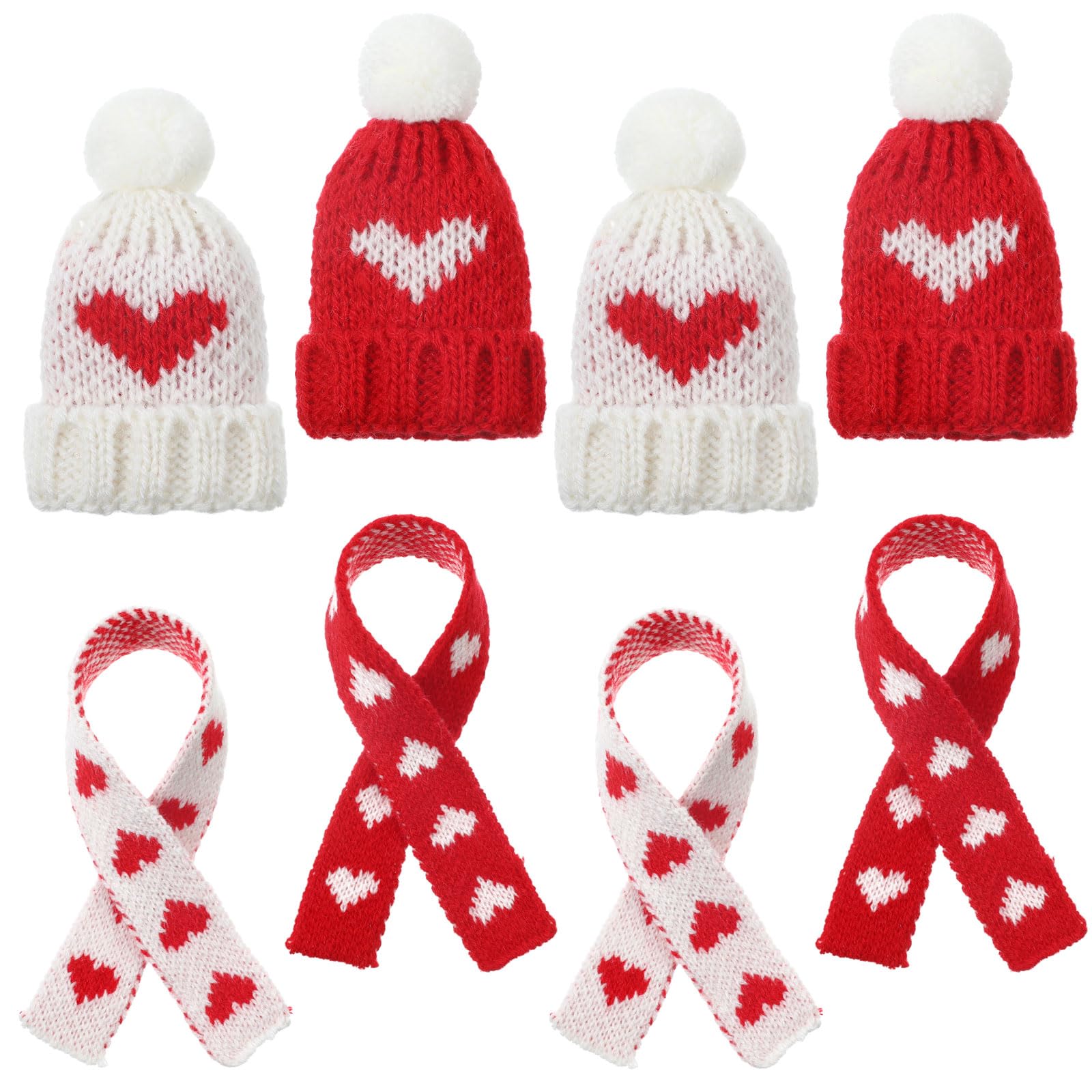Geyoga 8 Pcs Mini Santa Hats and Scarves Decor Doll Christmas Accessories Small Gnome Hat for Craft DIY for Wine Bottle Gifts(Red, White,Sweet)