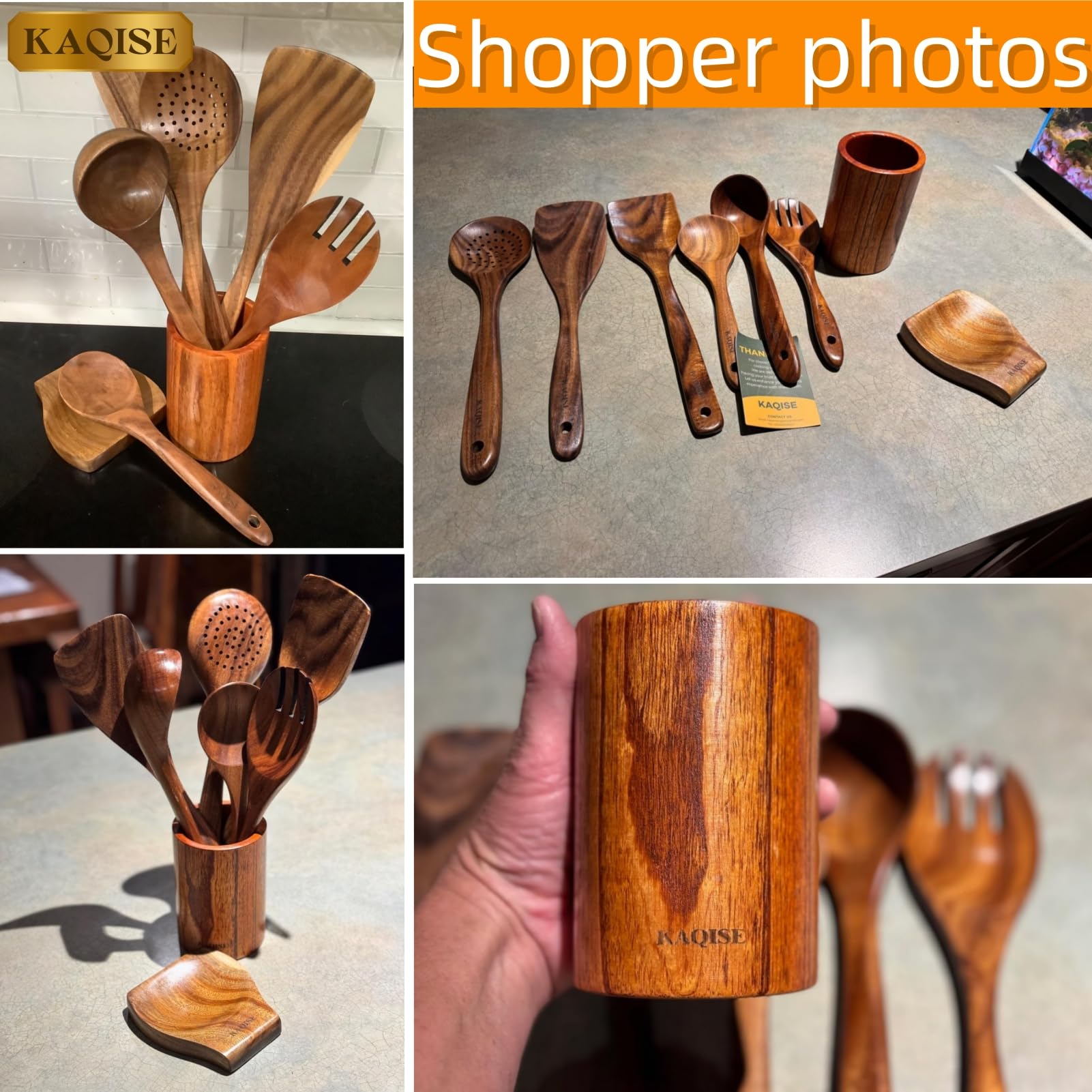 Cucharas de madera antiadherente natural prémium para cocinar, juego de utensilios de madera esenciales de cocina, juego de utensilios culinarios de madera de teca para familias (8 piezas)