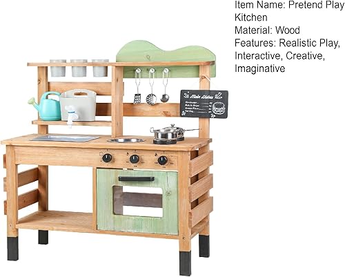Miniatura 8 de Cocina de juego al aire libre para niños, juego de cocina de madera con fregadero extraíble, utensilios de cocina, caja de plantación, regadera y