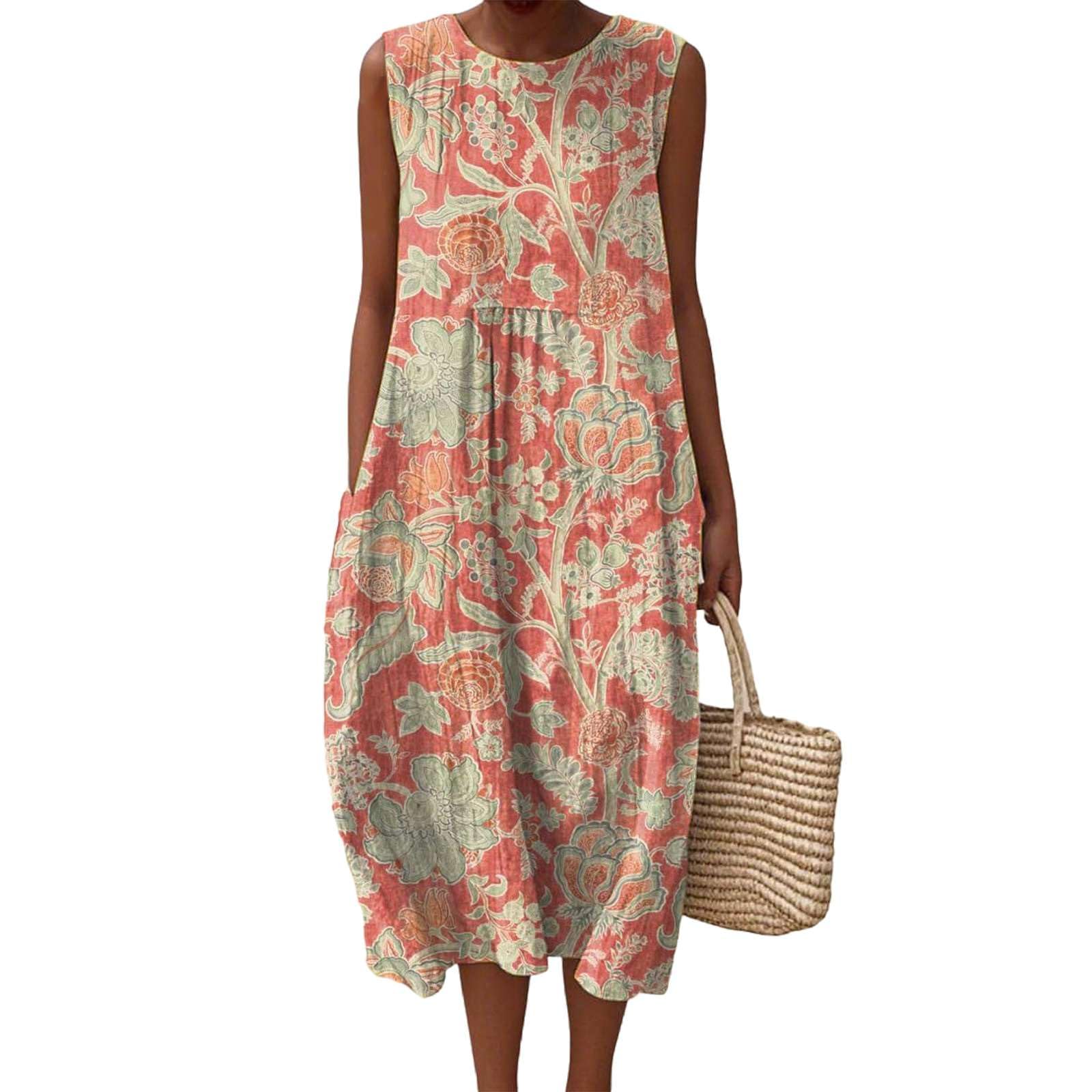 Vestito in Lino Donna Estivo Senza Maniche Abiti Estivi Donna Boho Chic Lungo Abito Donna con Stampa Floreale Vestiti Estivi Larghi Girocollo Leggeri per Vacanze Mare e Casual Moda